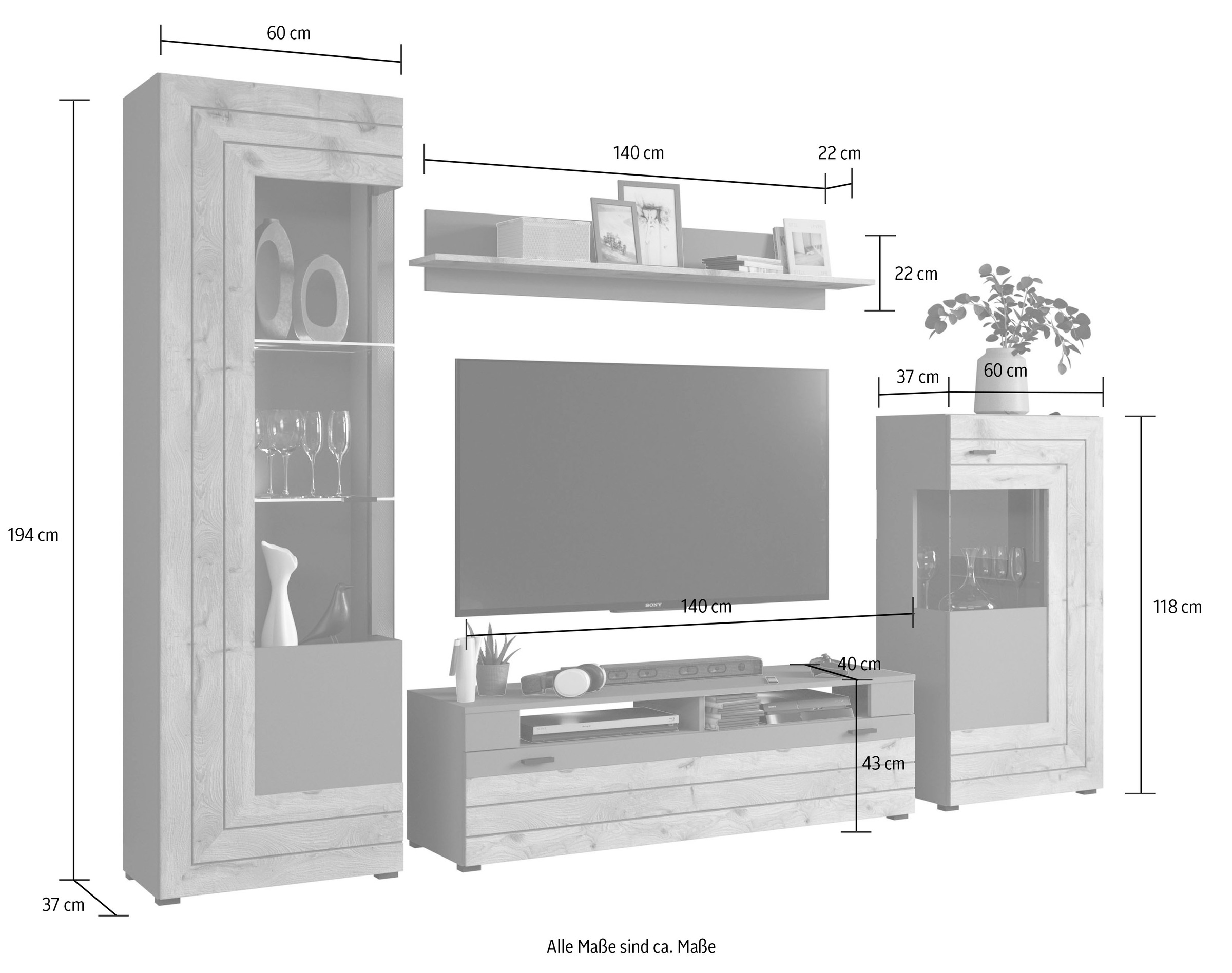 INOSIGN Wohnwand »Aalborg, Breite 290cm, 2-farbig,Metallgriffe, 4-teilig, bestehend aus:«, (4 St.), 1x Vitrine, 1x Lowboard, 1x Wandboard und 1x Stauraumschrank