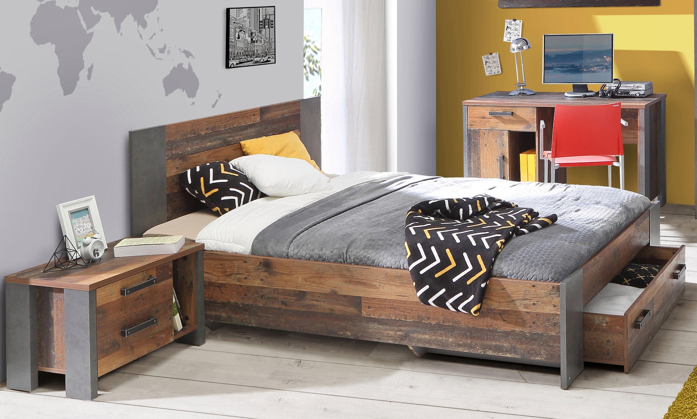 FORTE Bett »Clif, Jugendbett, Belastbarkeit 120 KG, Schubkasten optional«, (Liegefläche 140cmx200cm), Industrial Design