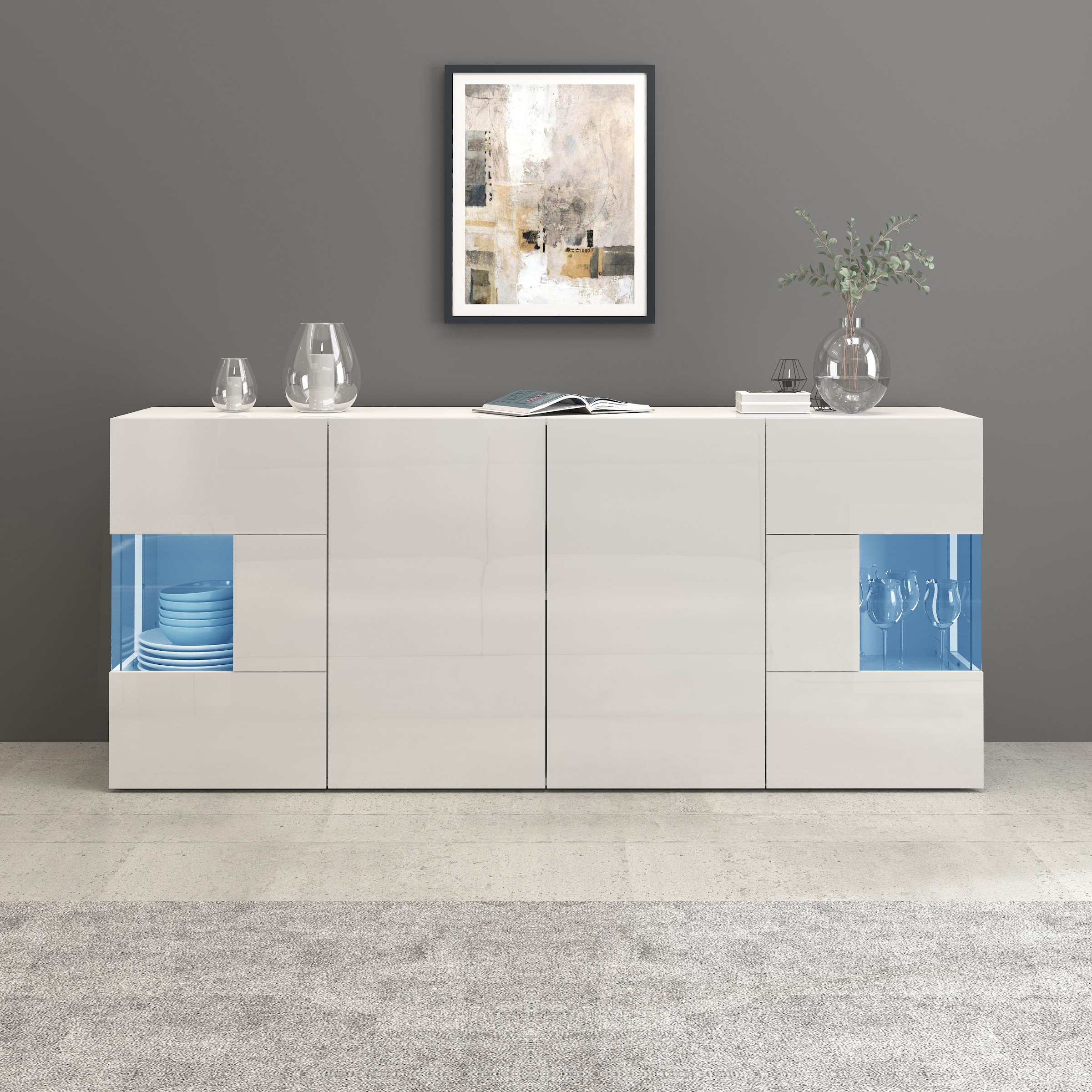 INOSIGN Sideboard »Egypt, Kommode, Schrank, Kredenz, Vitrine grifflos«, 4 Türen davon 2 mit Glaseinsatz, kompl. Hochglanz lackiert, Breite 180