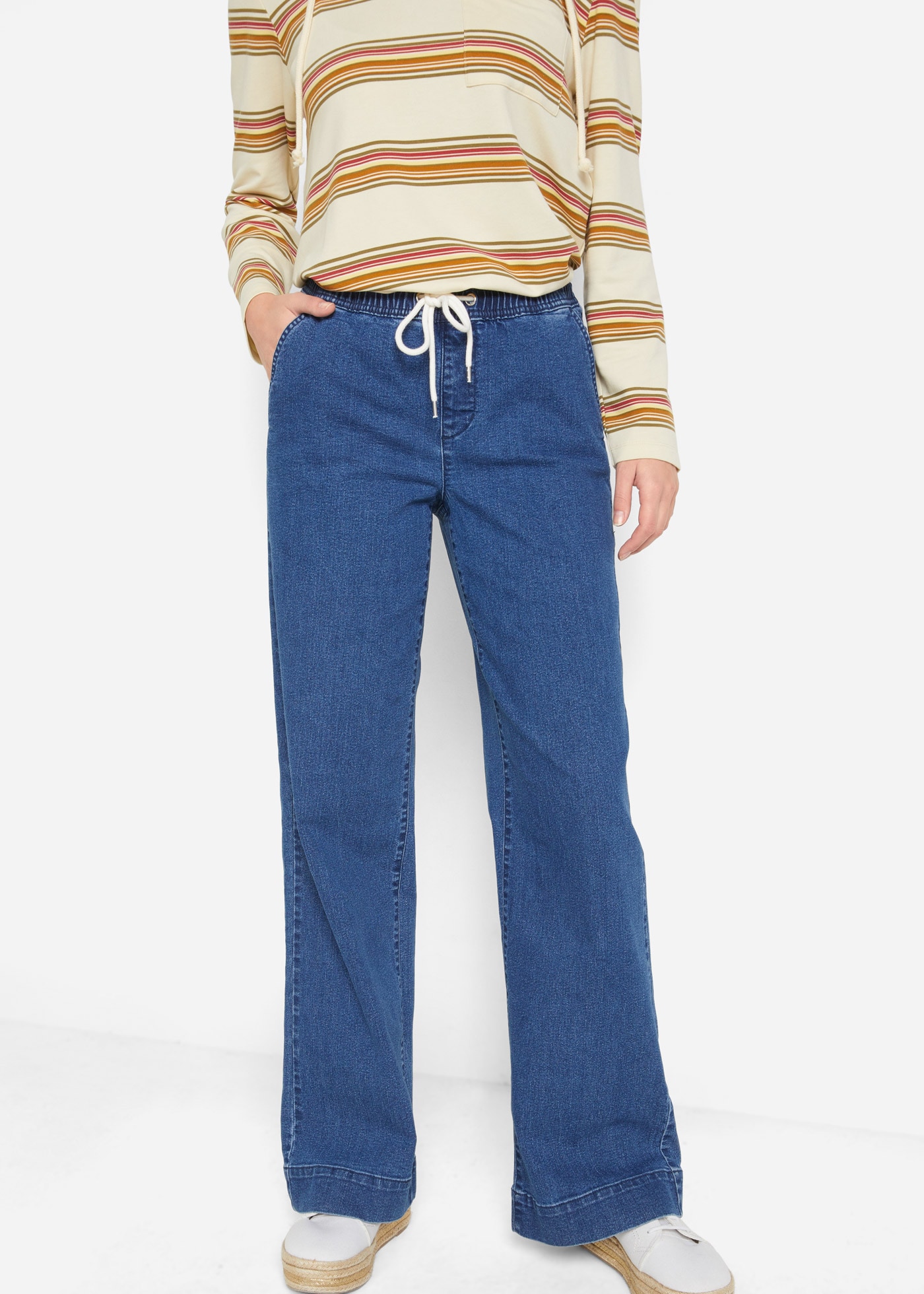 bonprix "Wide Leg Jeans Mid Waist, Stretch" Loose Fit Passform, mit elastischem Bund und Tunnelzug