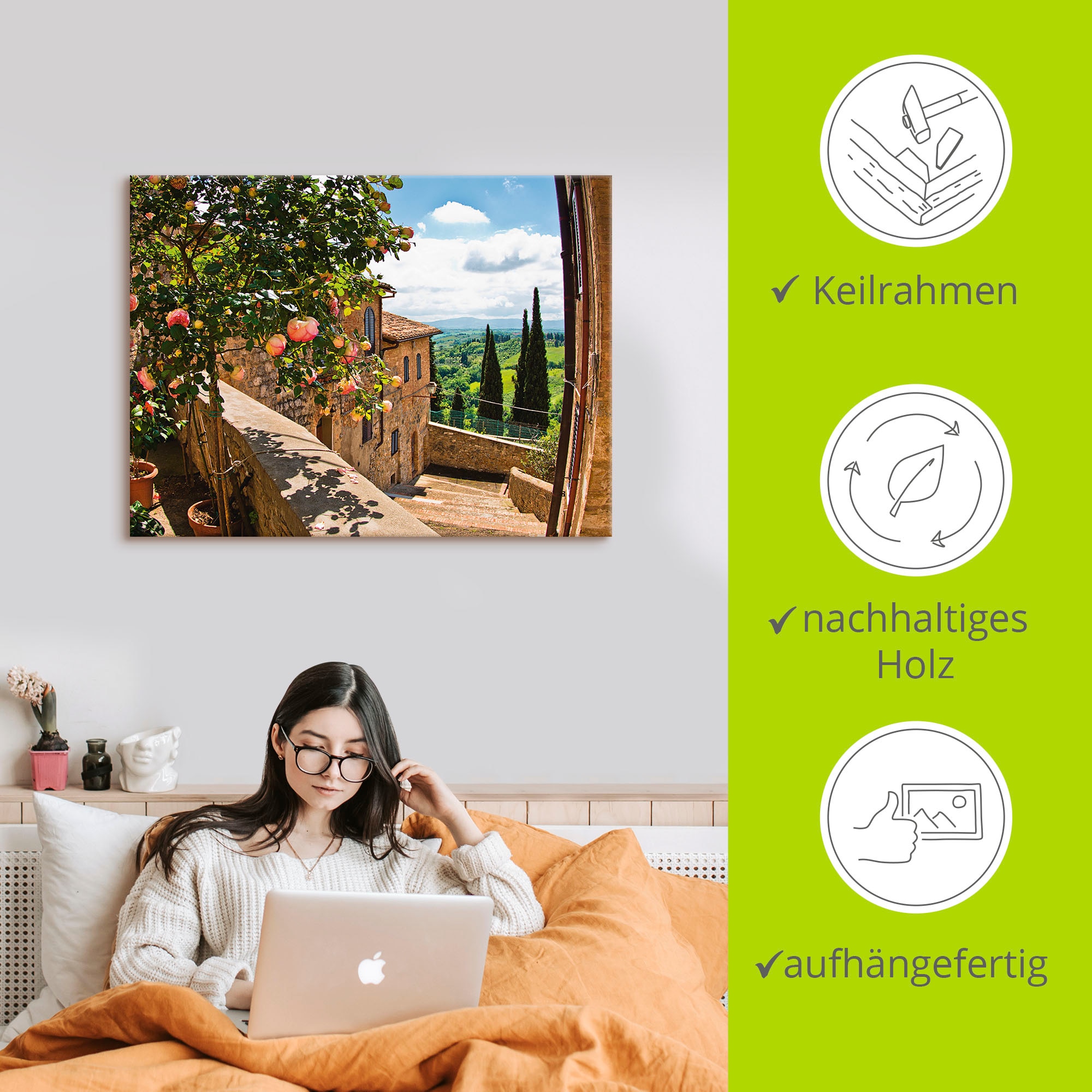 Artland Wandbild »Rosen auf Balkon Toskanalandschaft« Garten 1 Stk. tlg. als Leinwandbild, Poster in verschied. Größen