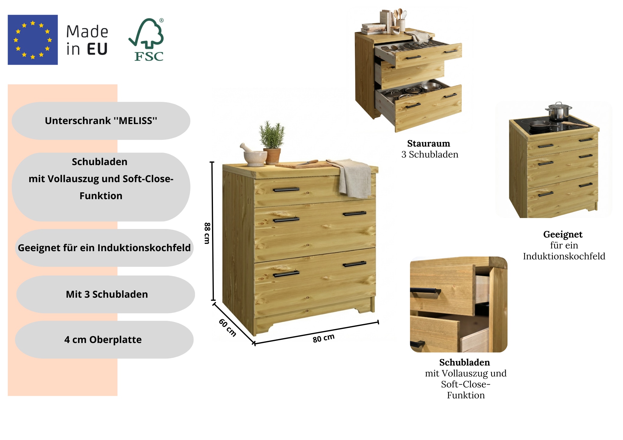 Home affaire Unterschrank »Meliss« aus massiver Kiefer, Breite 80 cm, Soft-Close-Funktion