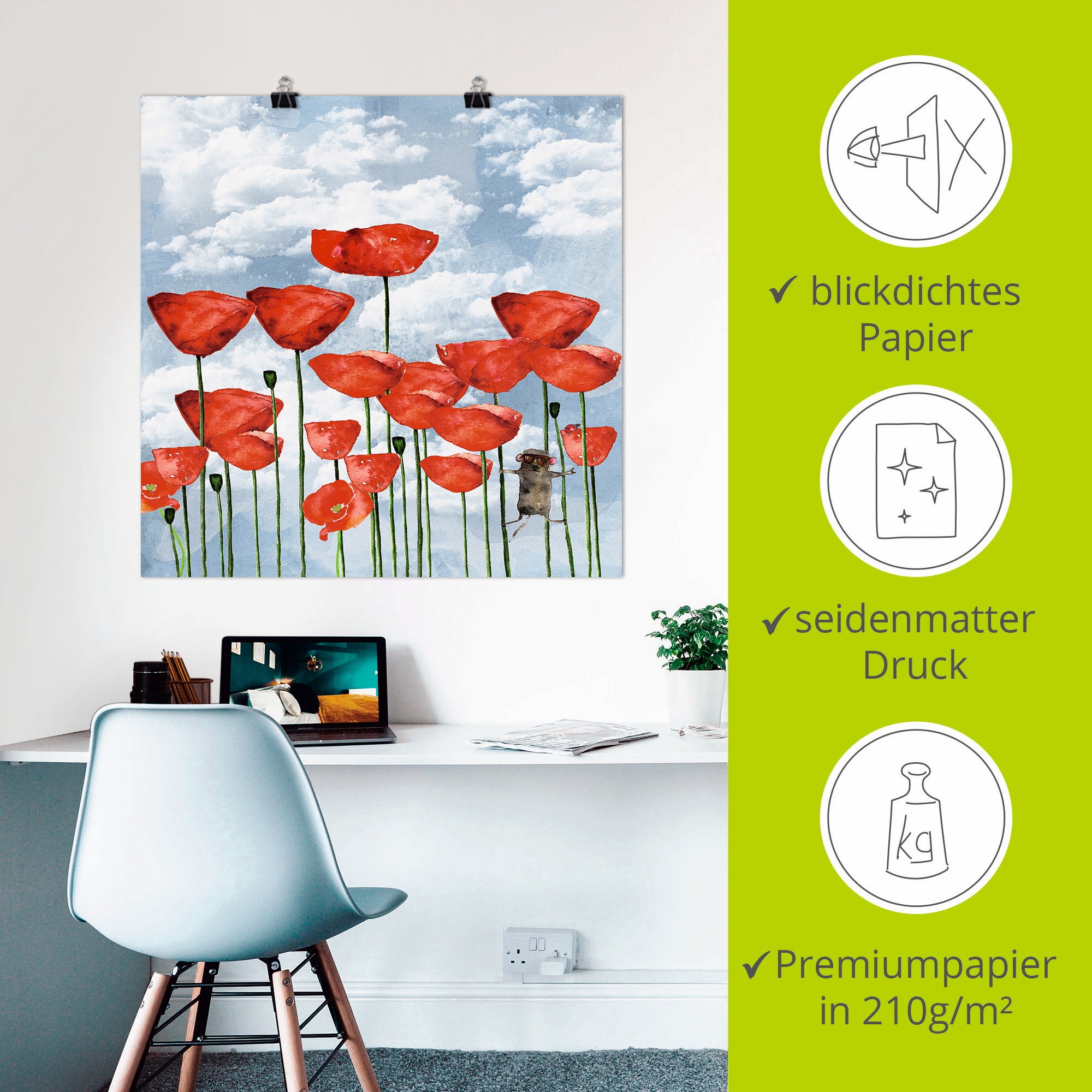 Artland Poster »Maus im Mohnfeld an einem bewölkten Tag«, Blumen, (1 St.), als Alubild, Leinwandbild, Wandaufkleber oder Poster in versch. Größen