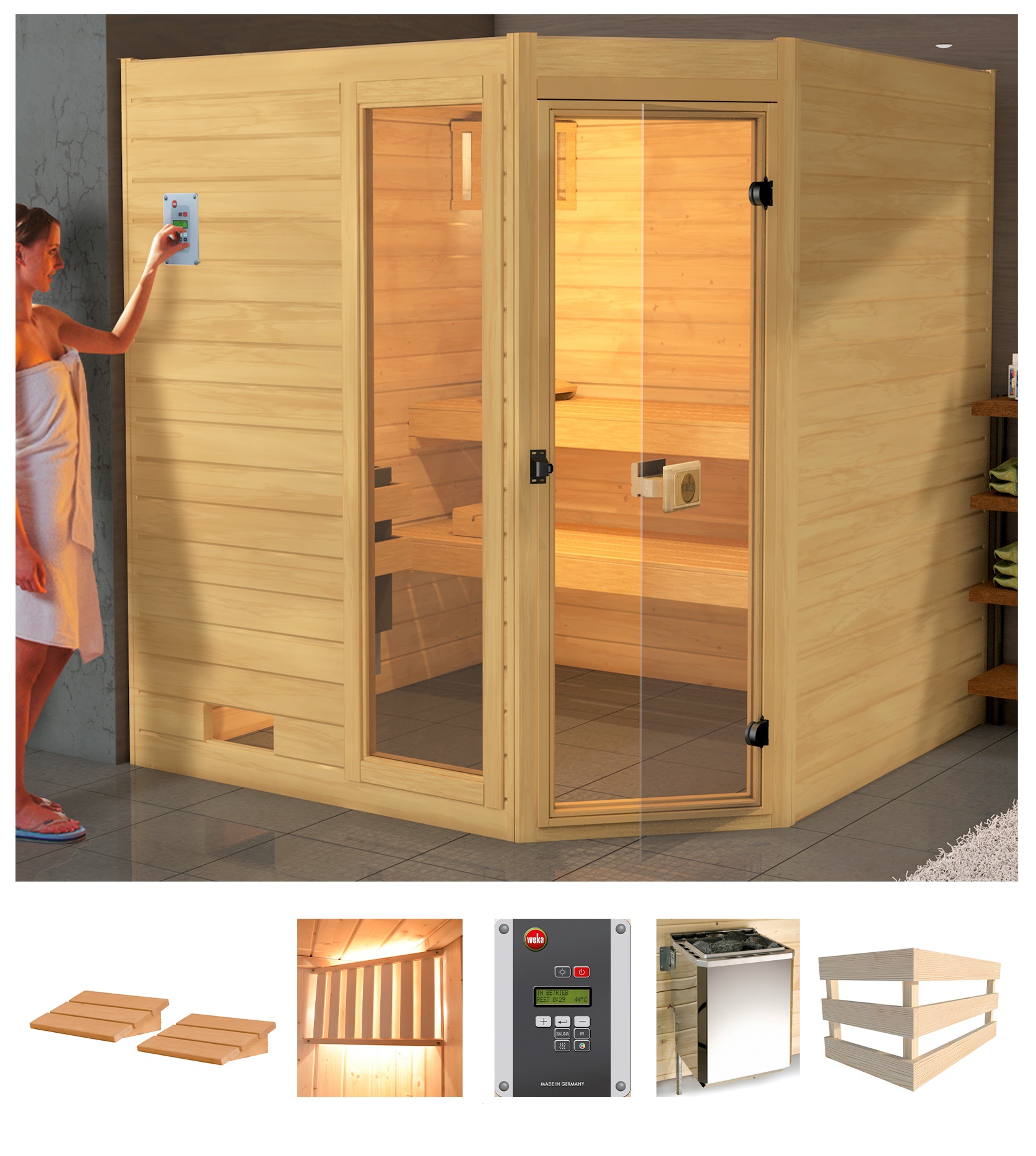 weka Sauna Lars Eck 2, 7,5 kW Bio-Kombiofen mit ext. Steuerung natur Einheitsgröße