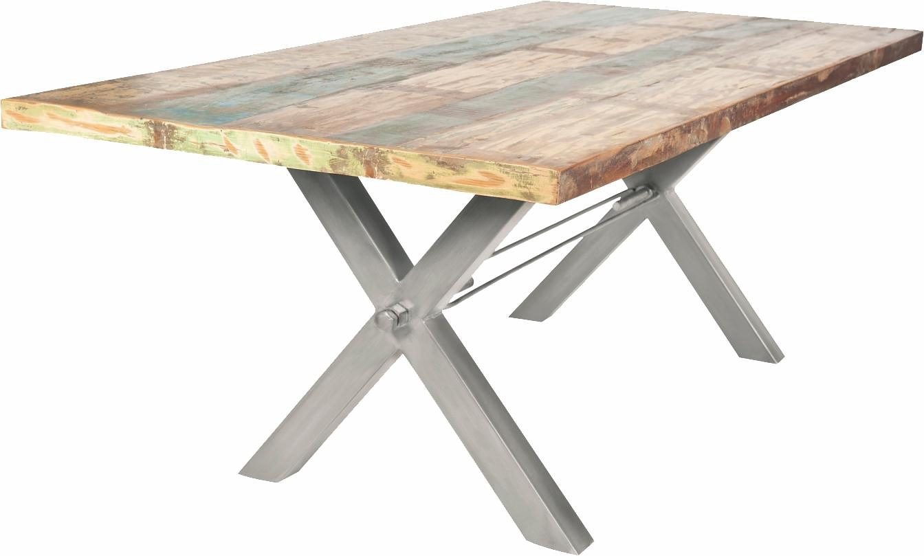 SIT Esstisch "Bari Altholz Esstisch mit X-Gestell aus Eisen & Unikat-Charakter" Markantes X-Gestell trifft bunt lackiertes Altholz
