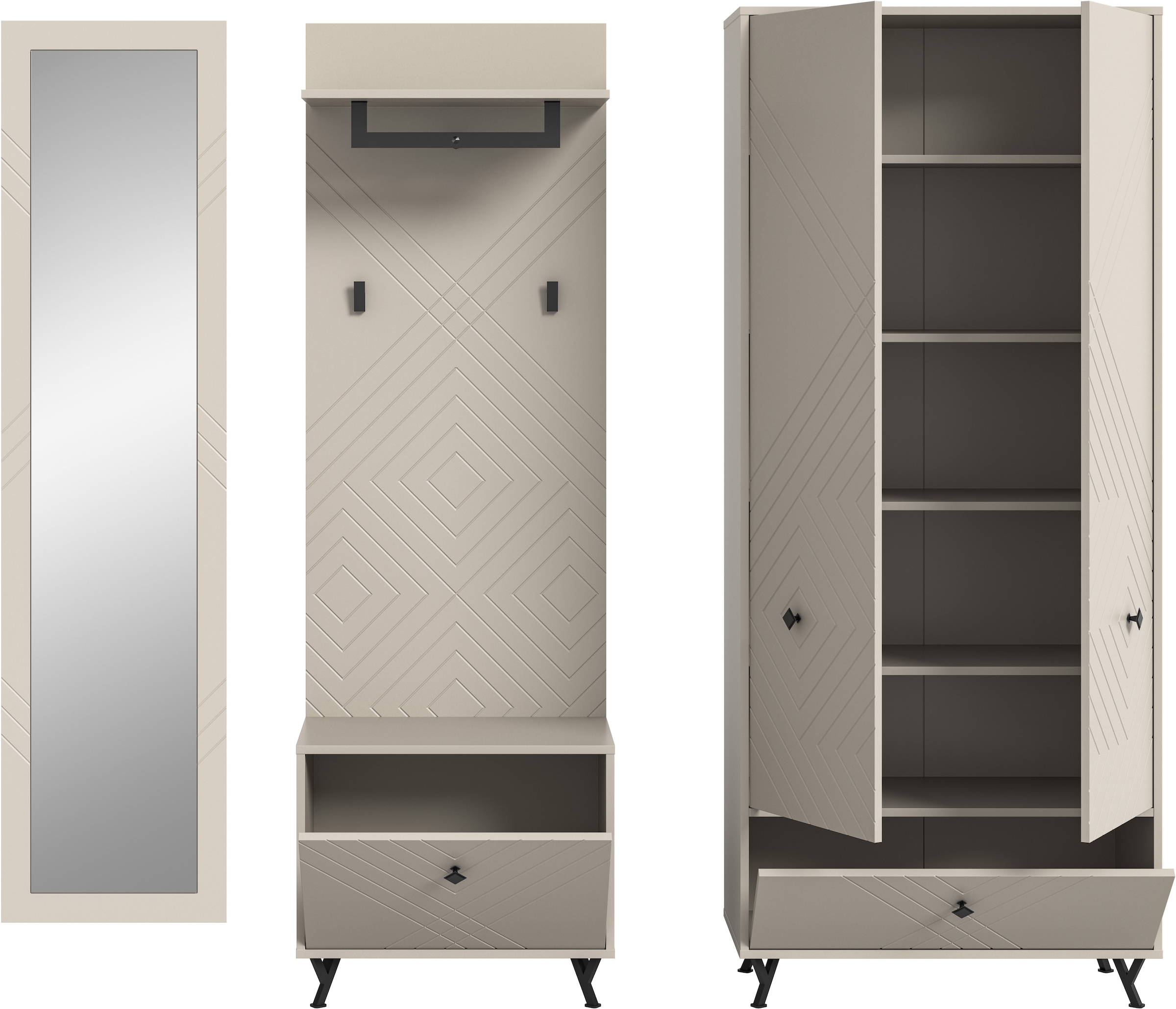 INOSIGN Garderoben-Set »Mento, 4-teilig, Ornamentfräsung in der Front, bestehend aus:«, (Set, 4 St.), Spiegel, Sitzbank, Garderobenpaneel & Garderobenschrank