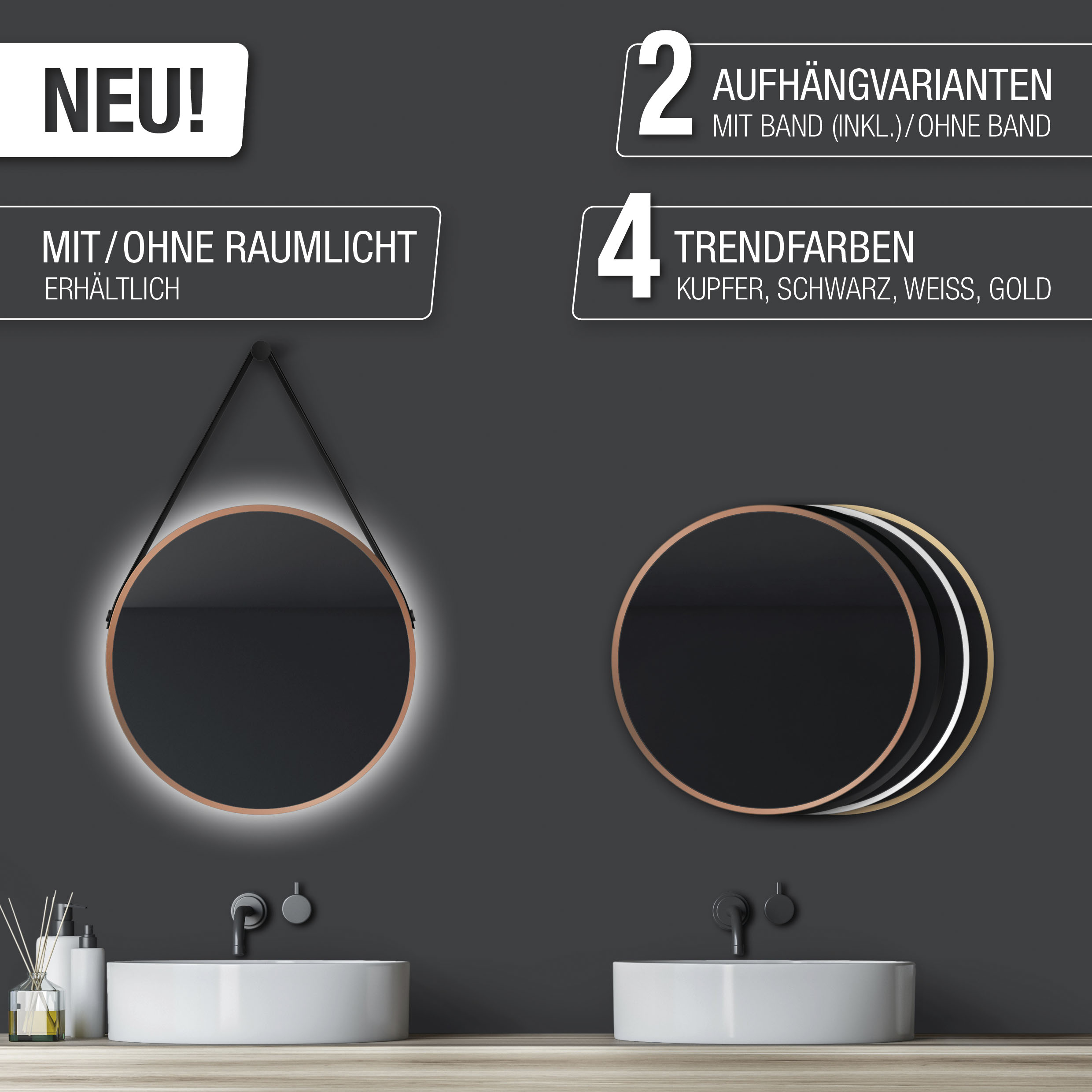 Thumbnail - Talos LED-Lichtspiegel rund, mit indirekter LED Beleuchtung, matt Ø 50 cm
