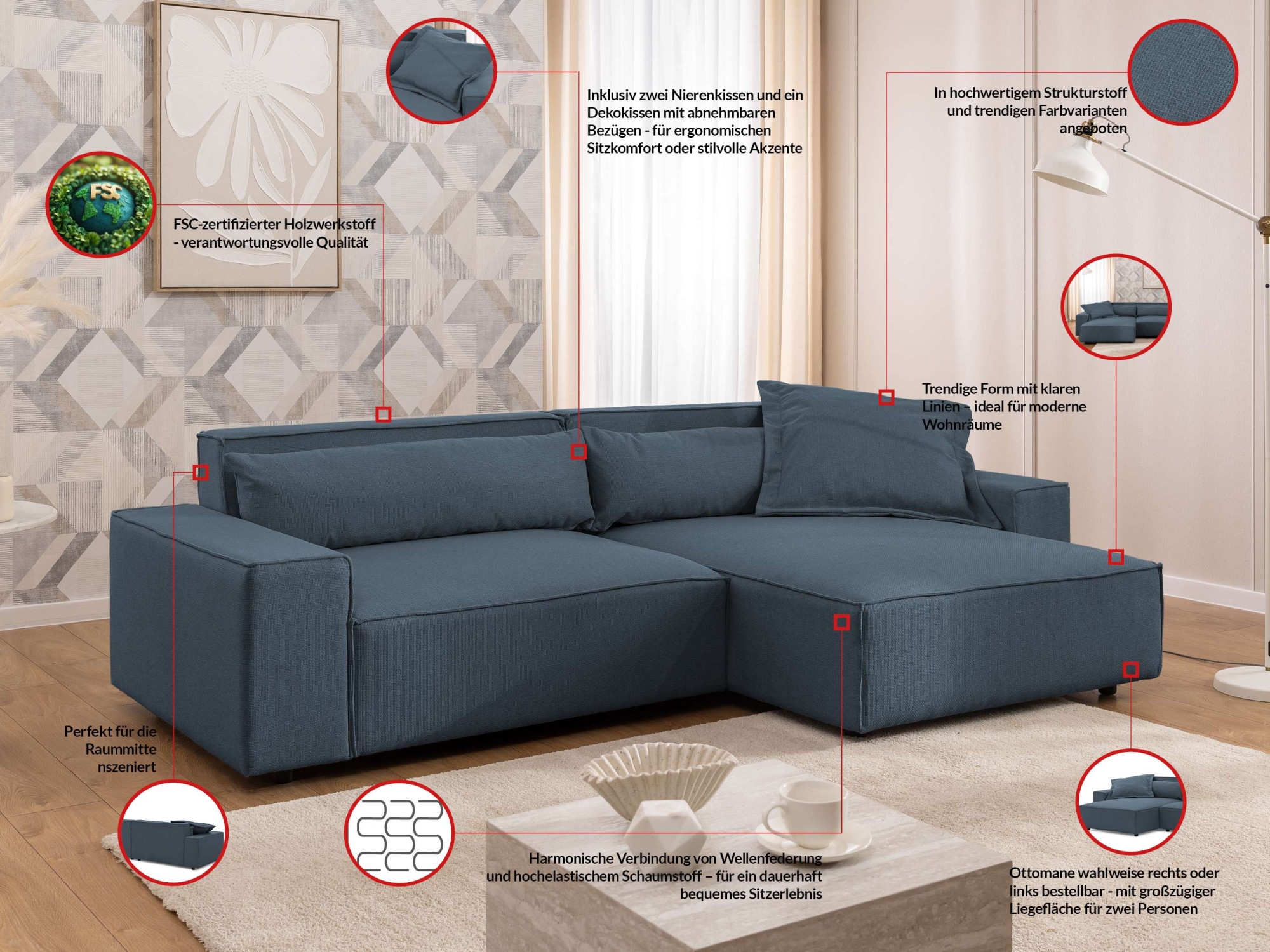 OTTO home Ecksofa »KINLEE Design-Sofa mit Recamiere rechts/links, Maße B/T/H 251/144/70cm« L-Form mit Wellenunterfederung, ohne Bettfunktion, modern und beguem