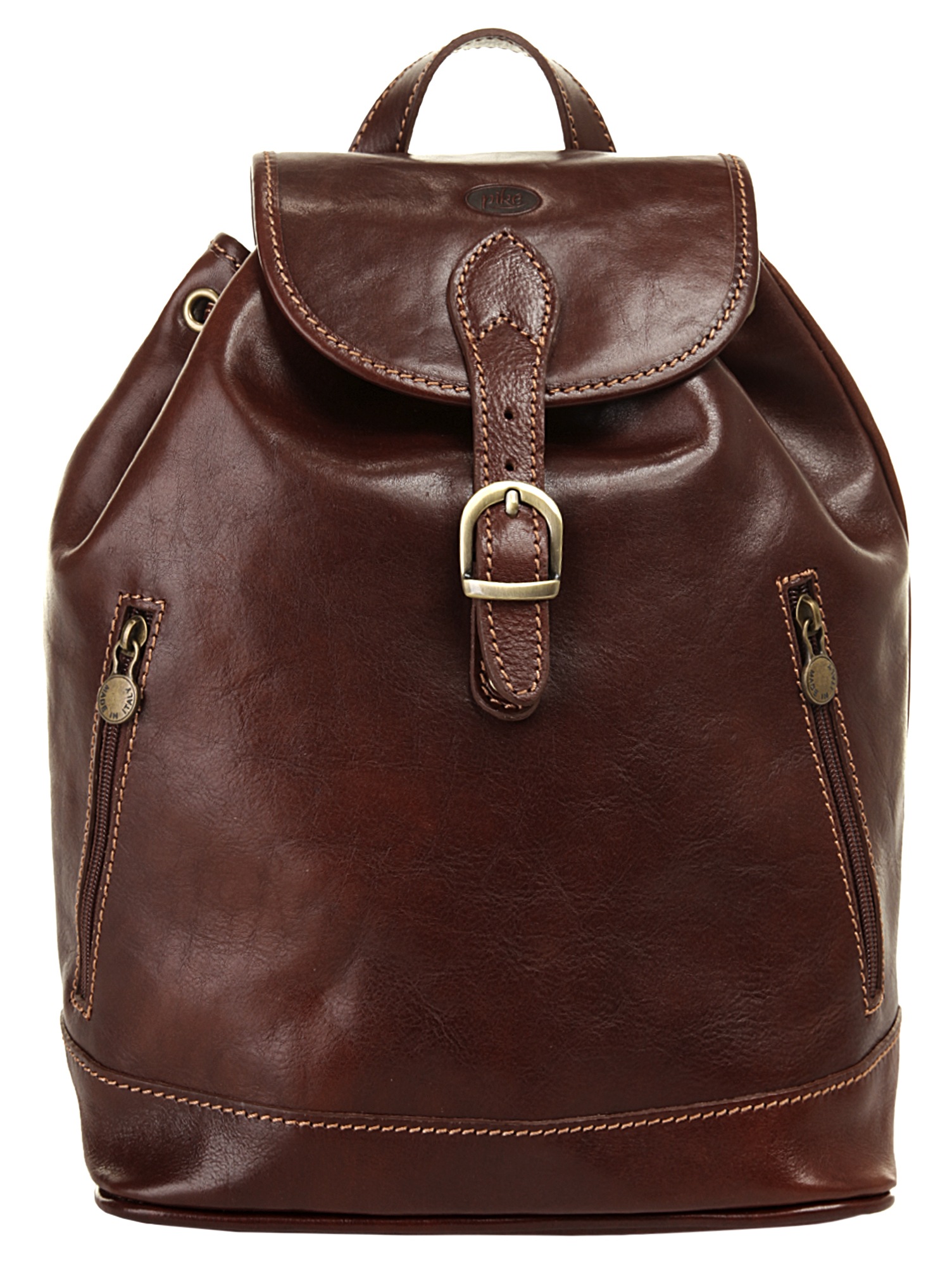 Cityrucksack PIKÉ, Damen, Gr. B/H/T: 35cm x 34cm x 11cm, onesize, braun, Leder, Rindsleder, beschichtet, leicht glänzend, Rucksäcke Cityrucksack, echt Leder, Made in Italy