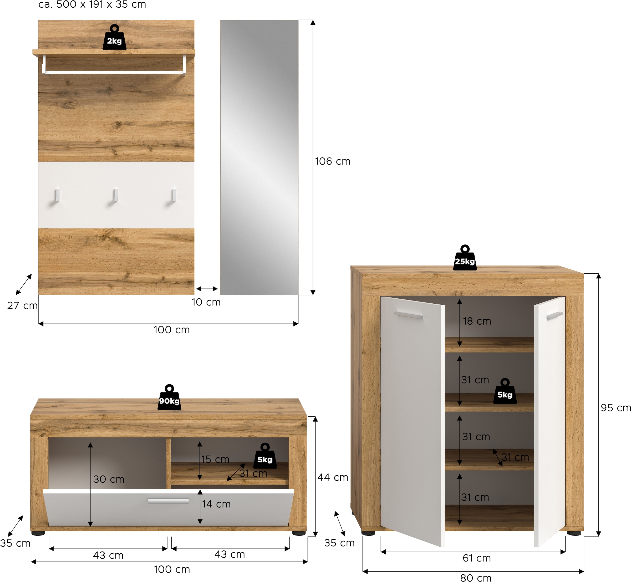 INOSIGN Garderoben-Set »Aosta«, (Set, 4 St.), Aosta, Höhe 191 cm, Garderobenset, Flur, Diele
