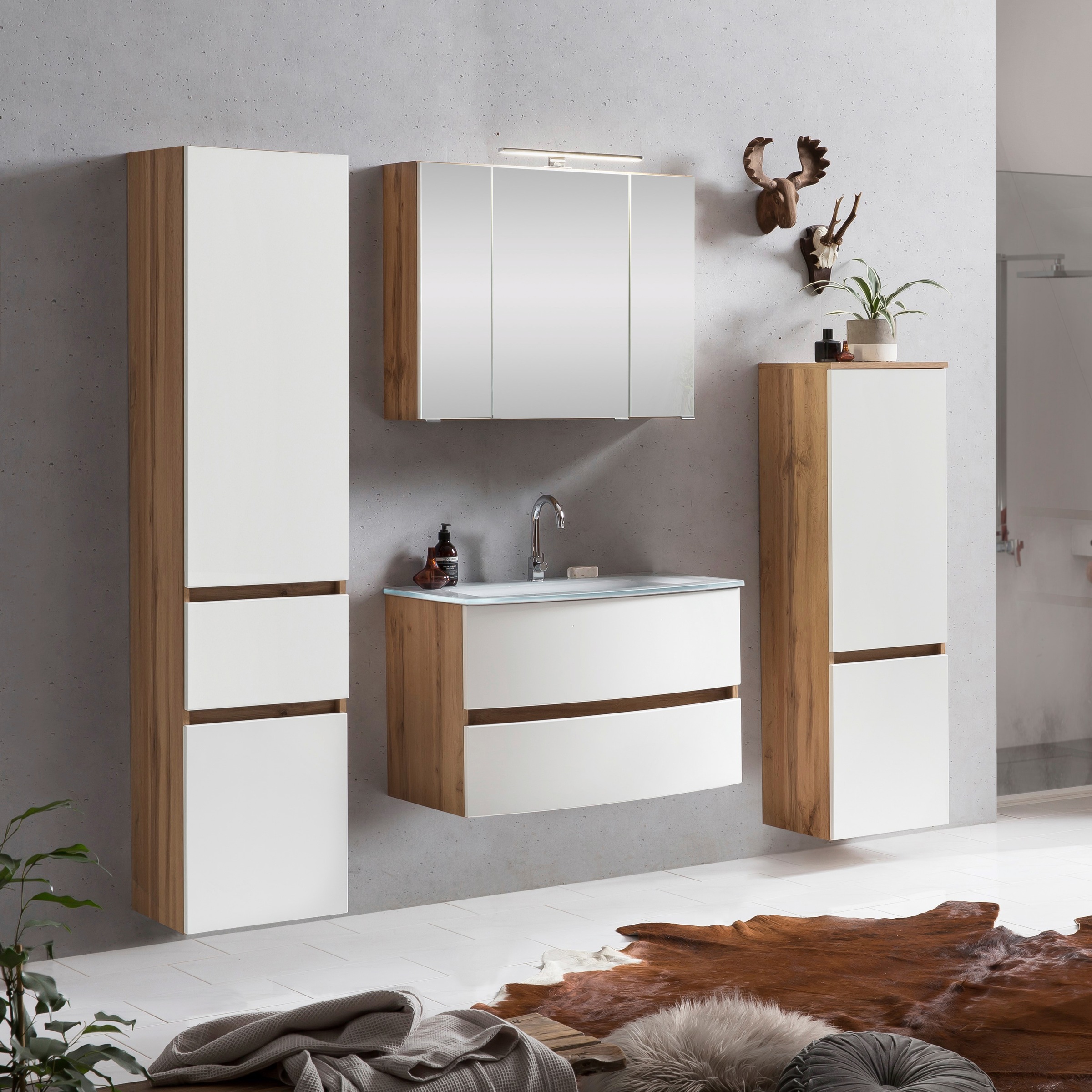 welltime Badezimmer-Set »Kaunas«, (Set, 4 St.), Waschtisch-Set mit Midischrank und Seitenschrank, Breite 160 cm