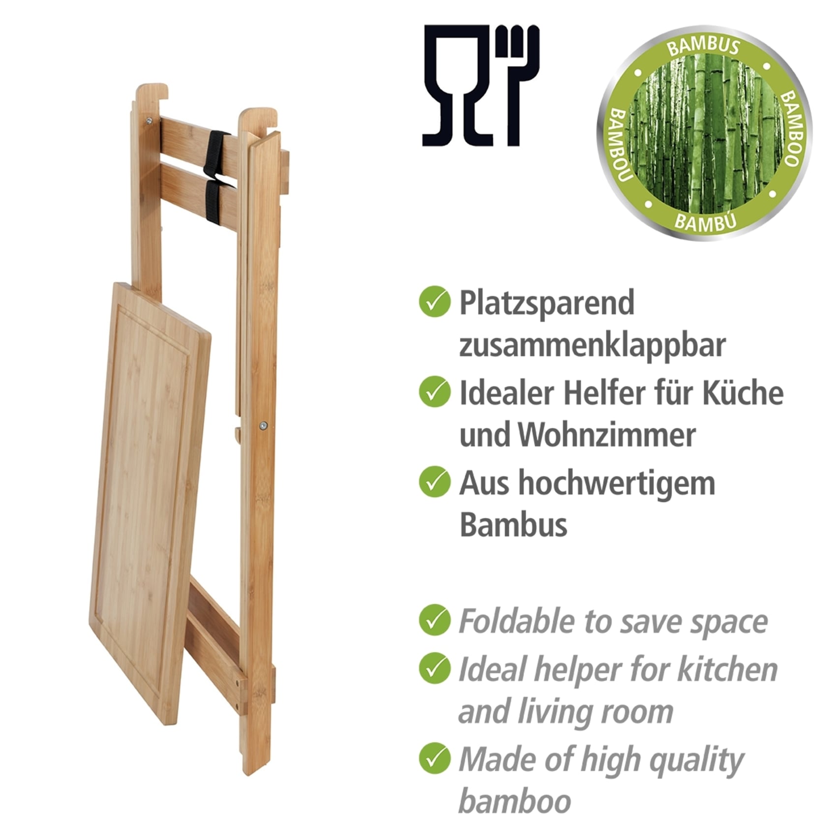 WENKO Klapptisch »Modell Lugo«, Beistelltisch mit Schneideplatte und abnehmbarem Tablett, Bambus