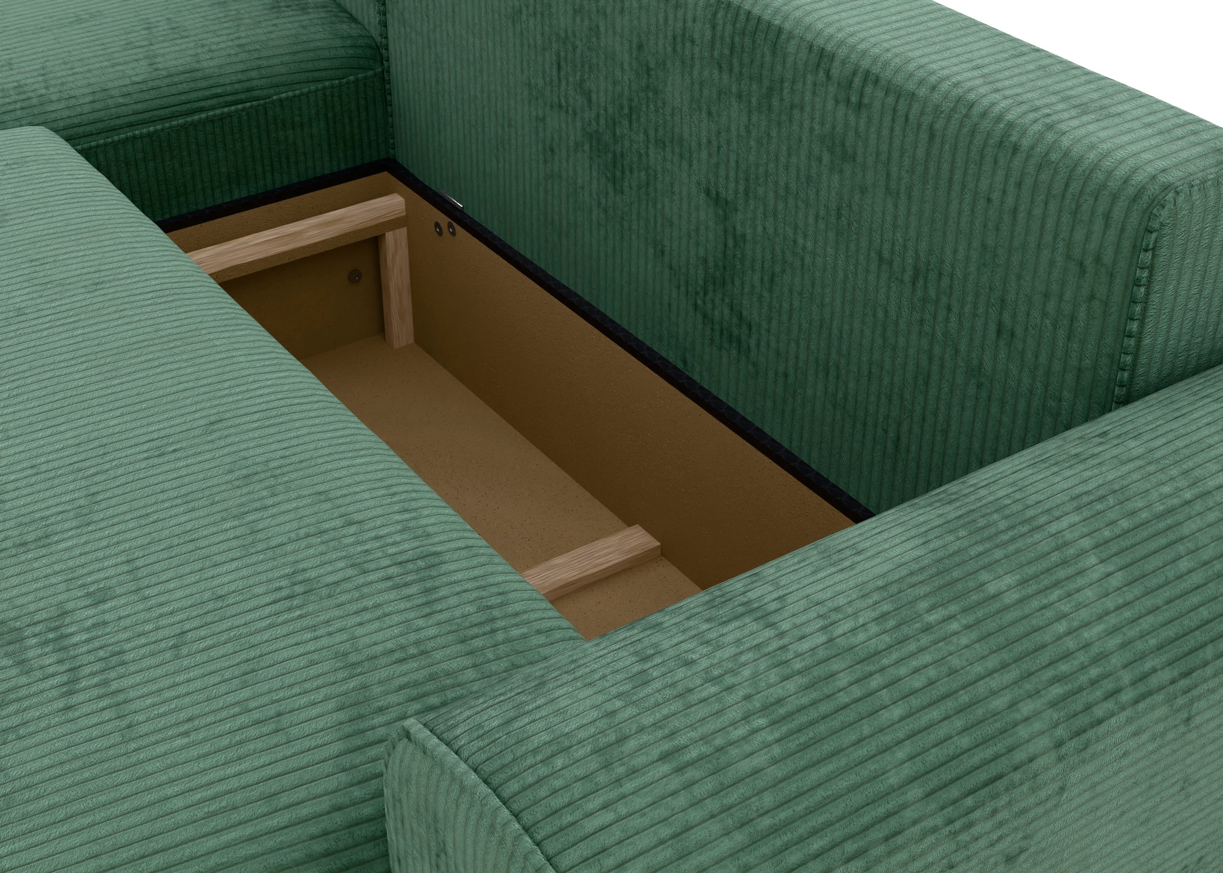 TRENDMANUFAKTUR Ecksofa »Fordon, Schlafsofa mit Bettkasten, Couch in L-Form, Breite 250 cm«, in Cordstoff HYPER, dunkelgrün, Recamiere links