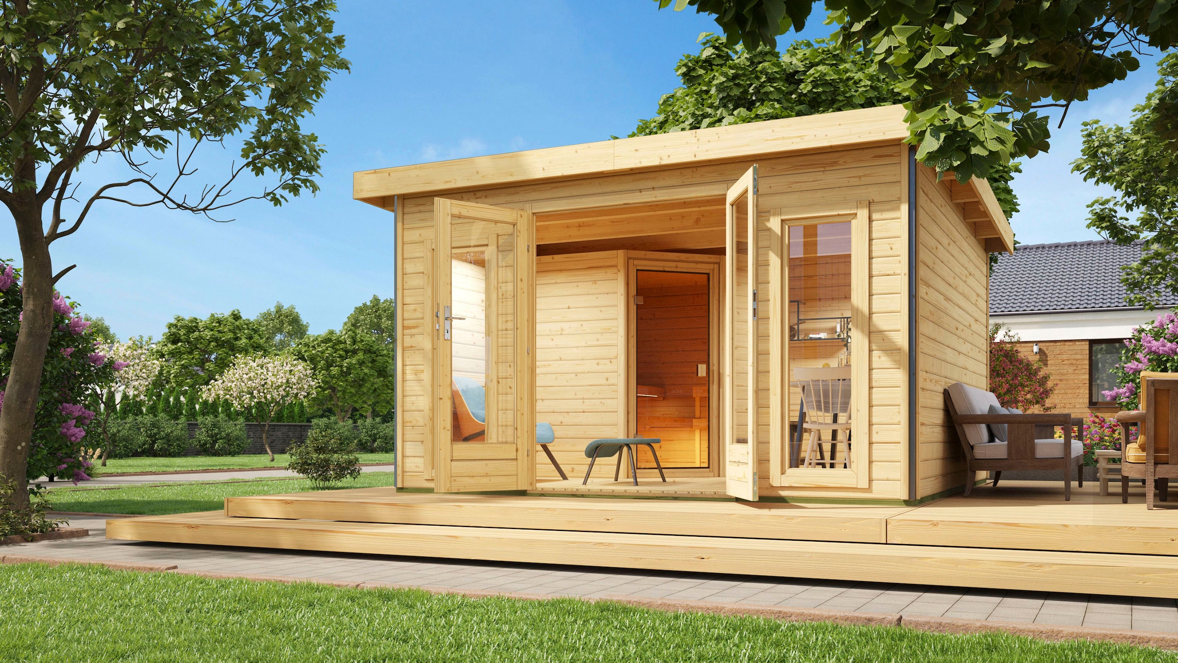 KONIFERA Saunahaus »Maiko 3 SET A«, naturbelassen, mit Ofen 9 kW ext. Steuerung