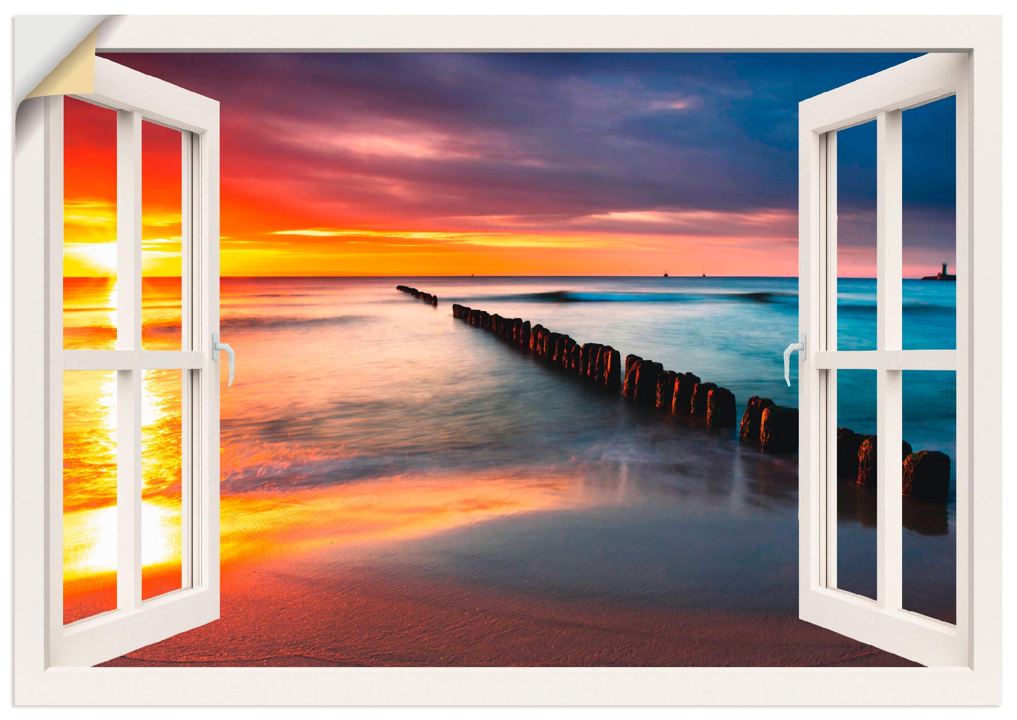 Artland Wandbild »Fensterblick Ostsee mit Sonnenaufgang«, Fensterblick, (1  St.), als Leinwandbild, Wandaufkleber oder Poster in versch. Größen  bestellen | BAUR