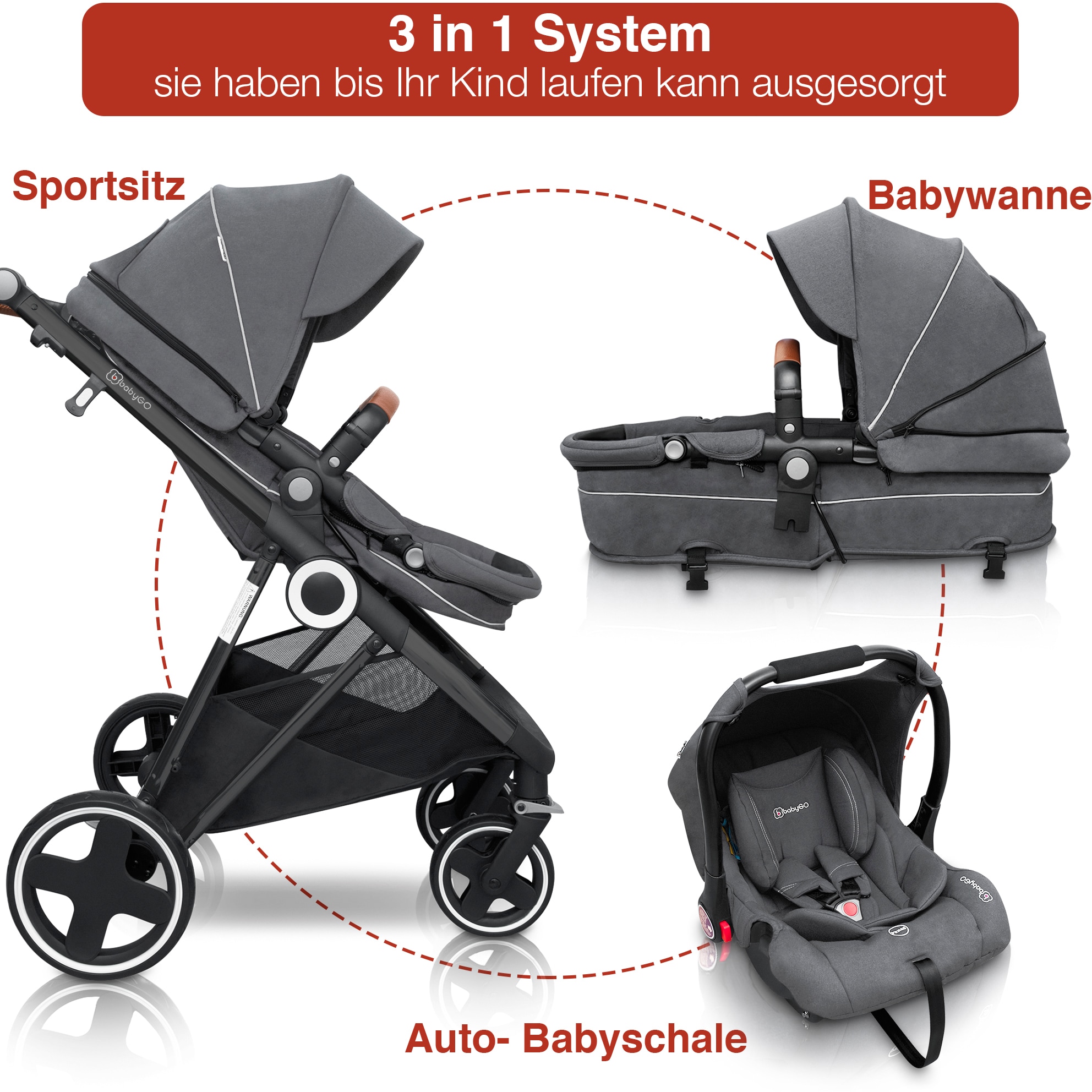 BabyGo Kombi-Kinderwagen »Halime 3in1, Grey Black«, inklusive Babywanne, Babyschale, Regenhaube & Wickeltasche
