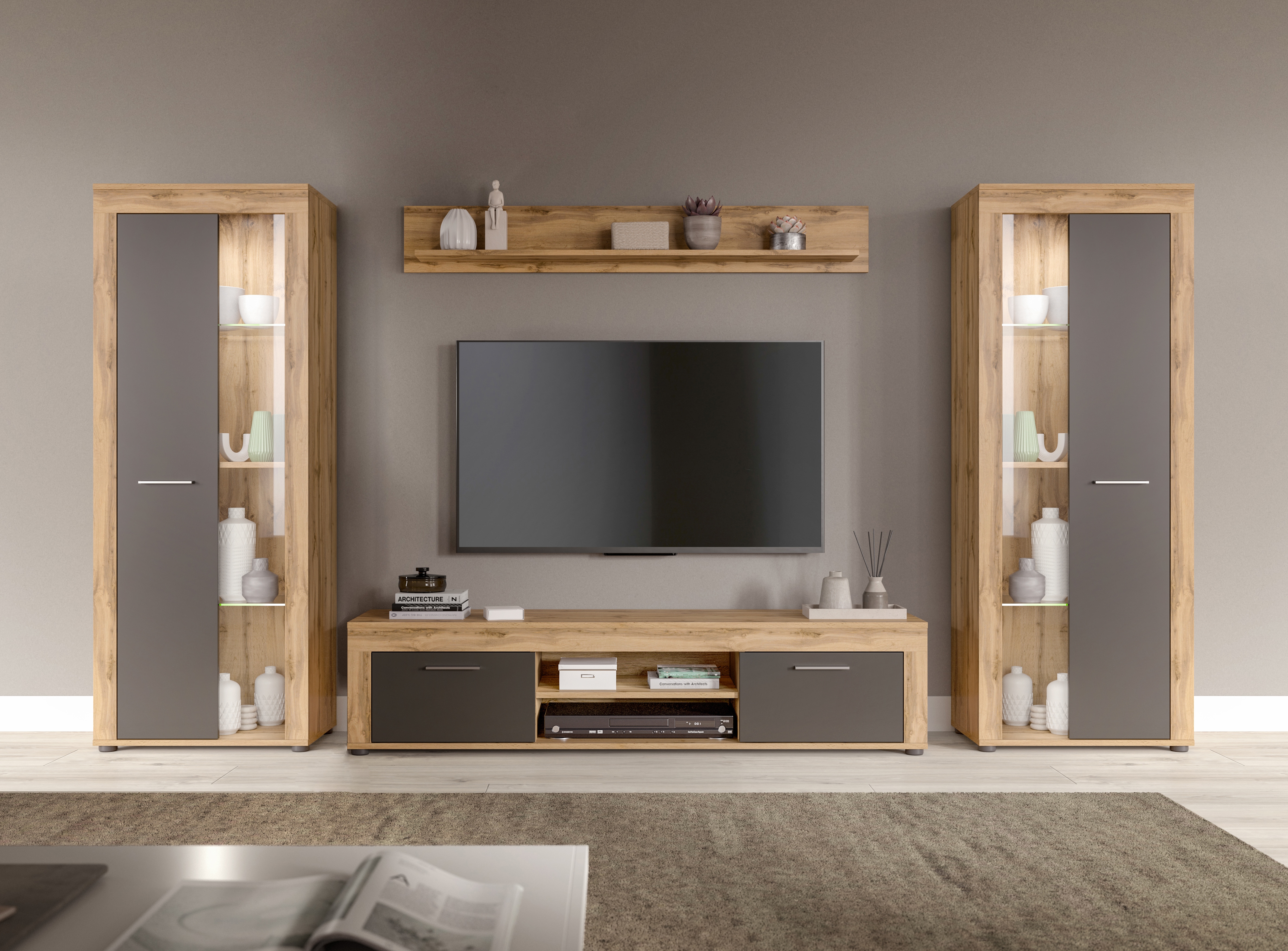 OTTO home Wohnwand "AOSTA, Breite 310cm, 4-teilige Wohn-Kombination" bestehend aus: 2x Vitrine, Lowboard, Wandboard
