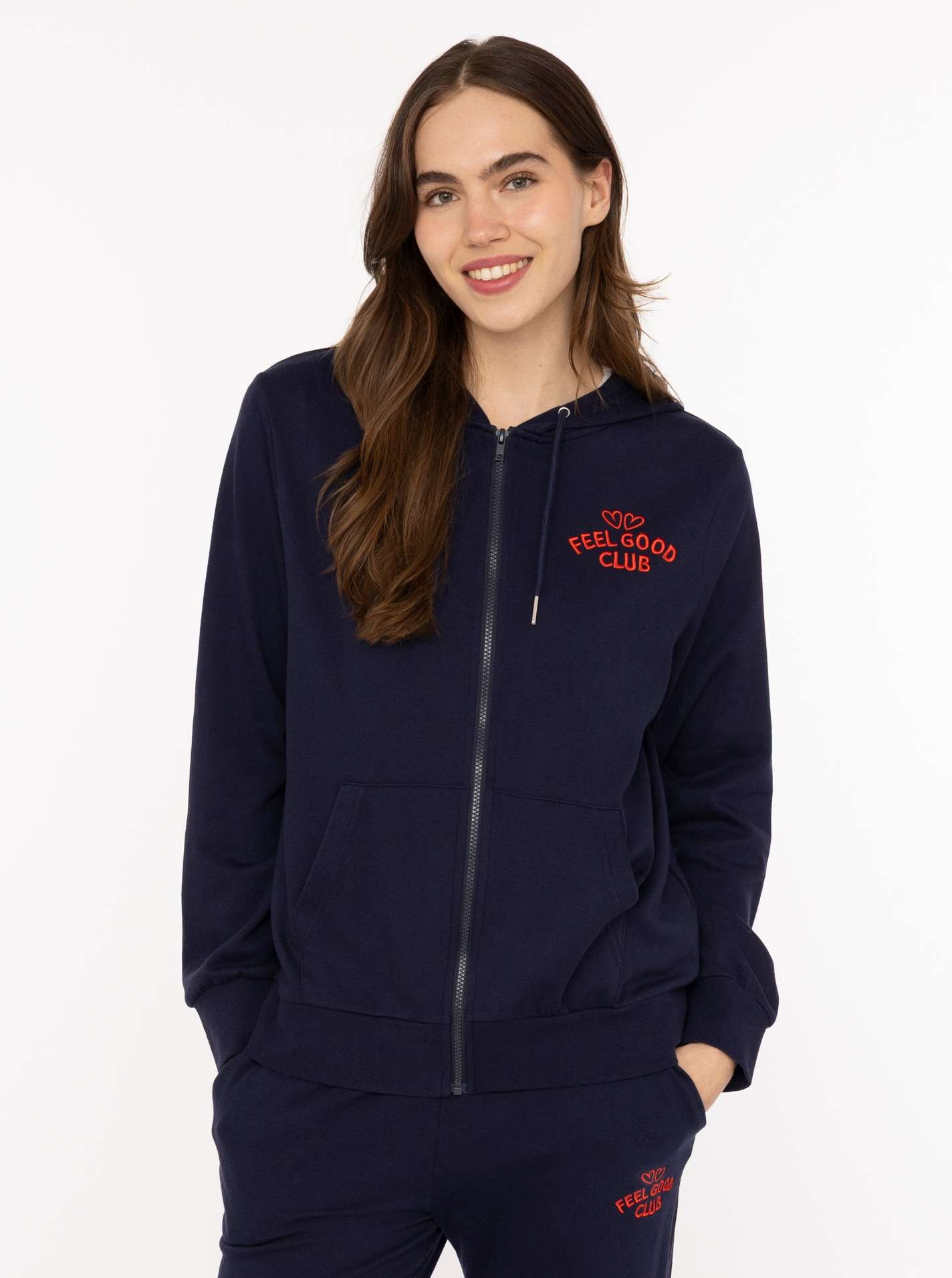 Zwillingsherz Kapuzensweatjacke ""Feel Good Club"" Kapuze, zum Binden, Taschen, kleine Stickerei vorne