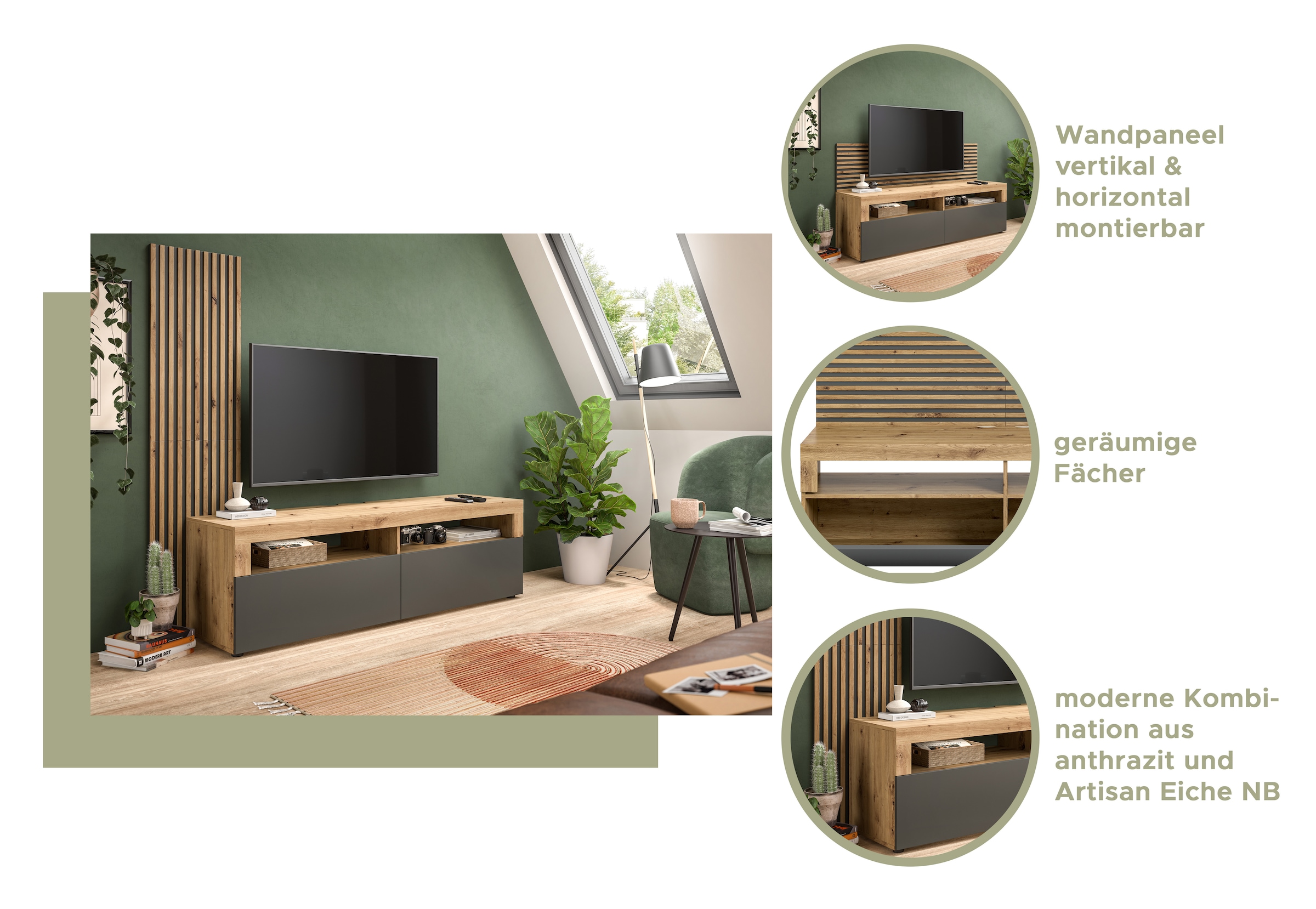 INOSIGN Lowboard »Telli, Breite 160 cm, mit 2 Paneelen, 2 Klappen & 2 offenen Fächern«, TV-Board, TV-Möbel, Media-Möbel, Fernsehschrank