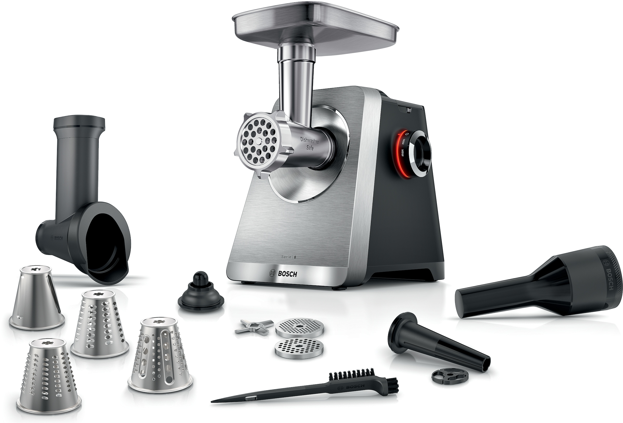 BOSCH Fleischwolf "Serie 8 MFWS840M, bis zu 4,5 kg Fleisch pro Min., spülmaschinenfest" 800 W Edelstahl, 10-Jahre Motorgarantie, mit drei Lochscheiben, 2.500 W