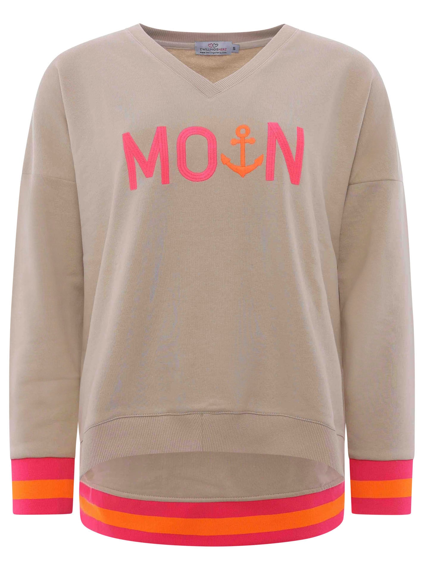 Zwillingsherz Sweatshirt, mit V-Ausschnitt und aufgesticktem "Moin" in Neon günstig online kaufen