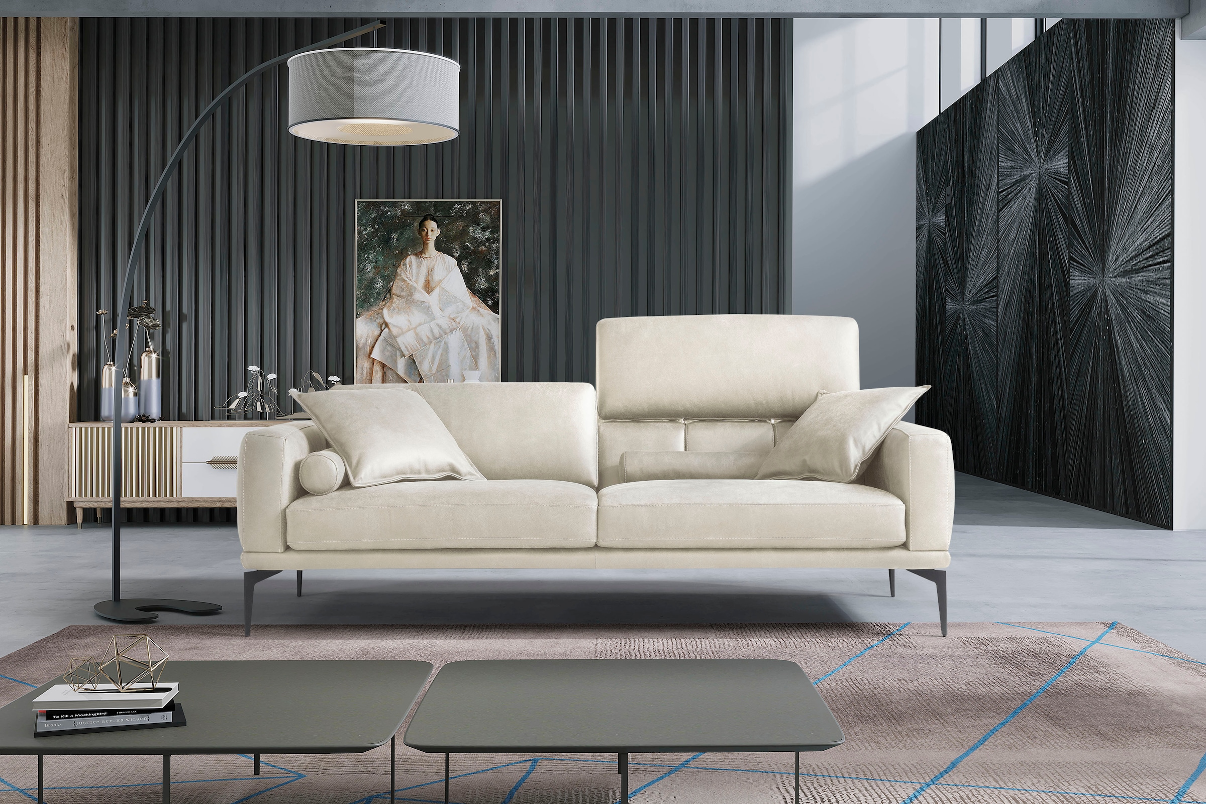 Egoitaliano 2,5-Sitzer "Masu, Designsofa mit erstklassigem Sitzkomfort, Breite 218cm" inkl. 2 Kissenrollen, Rückenelemente manuell verstellbar, Metallfüße