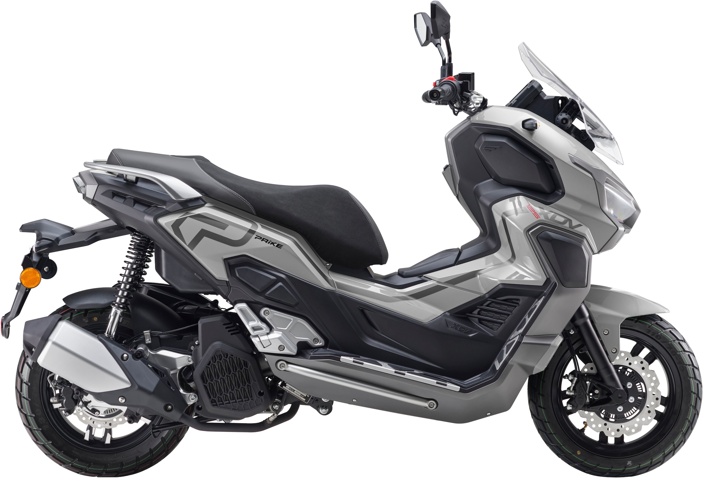 PRIKE Motorroller "PRIKE XDV 125, E5+, Adventure, ADV Roller", ohne Topcase, 95 km/h, grau, Motorroller, ABS, Windschutz, Heizgriffe, USB, EFI,