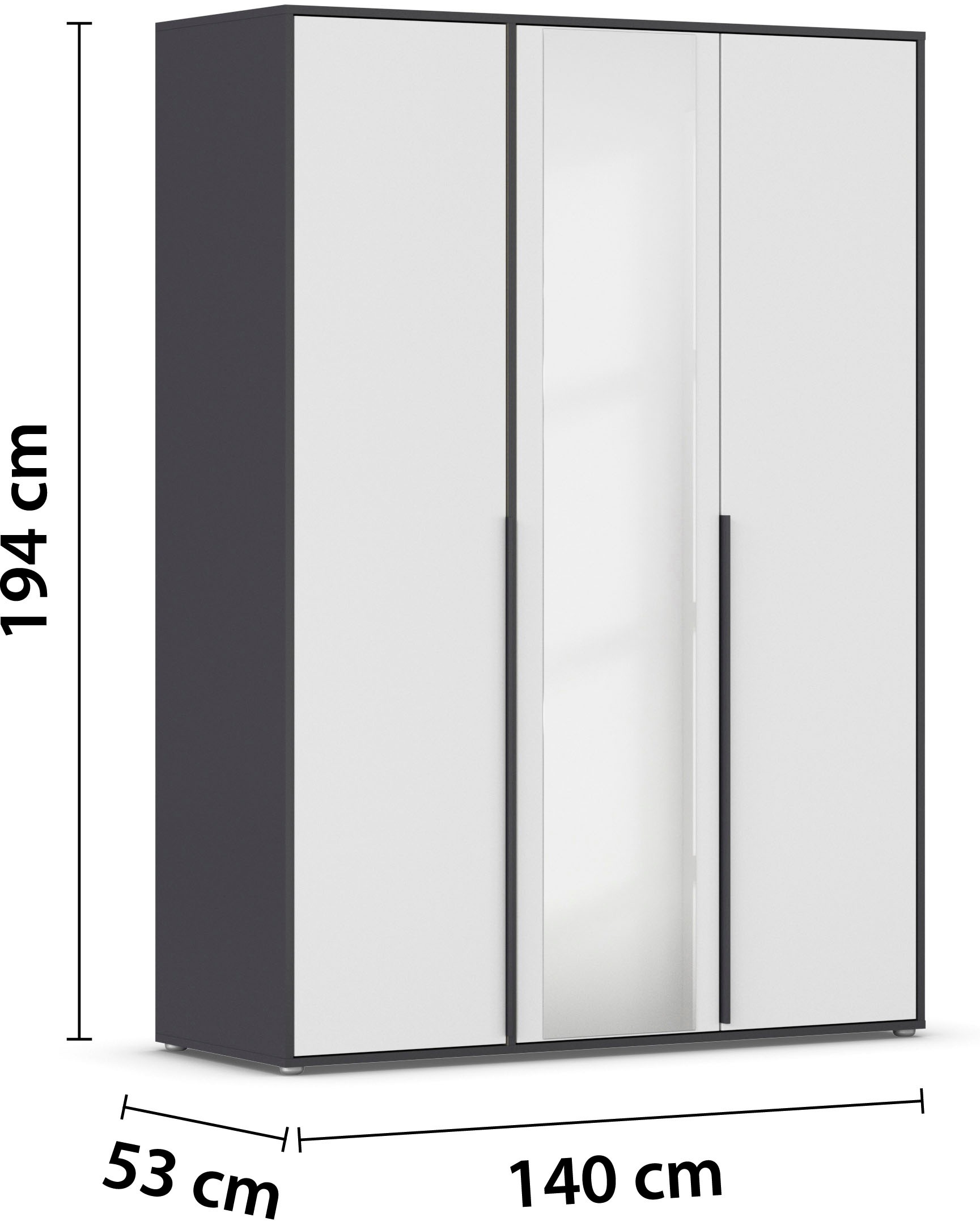 rauch Drehtürenschrank »Kleiderschrank Schrank Garderobe Wäscheschrank NAGATA mit Spiegel«, (in 3 verschiedenen Ausstattungen BASIC/CLASSIC/PREMIUM), und modernen Stangengriffen in Graumetallic TOPSELLER MADE IN GERMANY