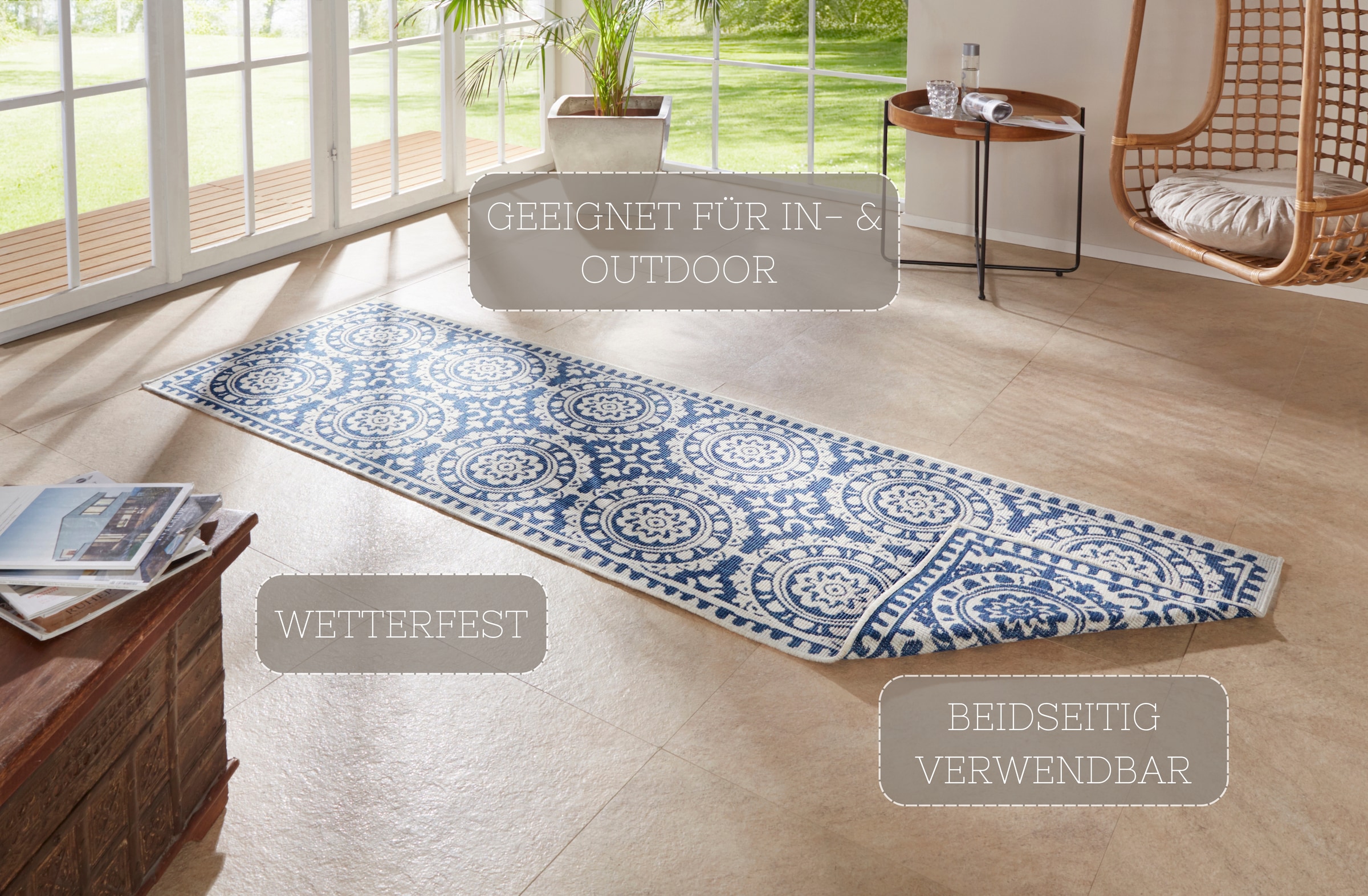 NORTHRUGS Läufer »Jardin«, rechteckig, 5 mm Höhe, Wendeteppich, In-& Outdoor, Vintage, Balkon, Garten, Wohnzimmer, Flur
