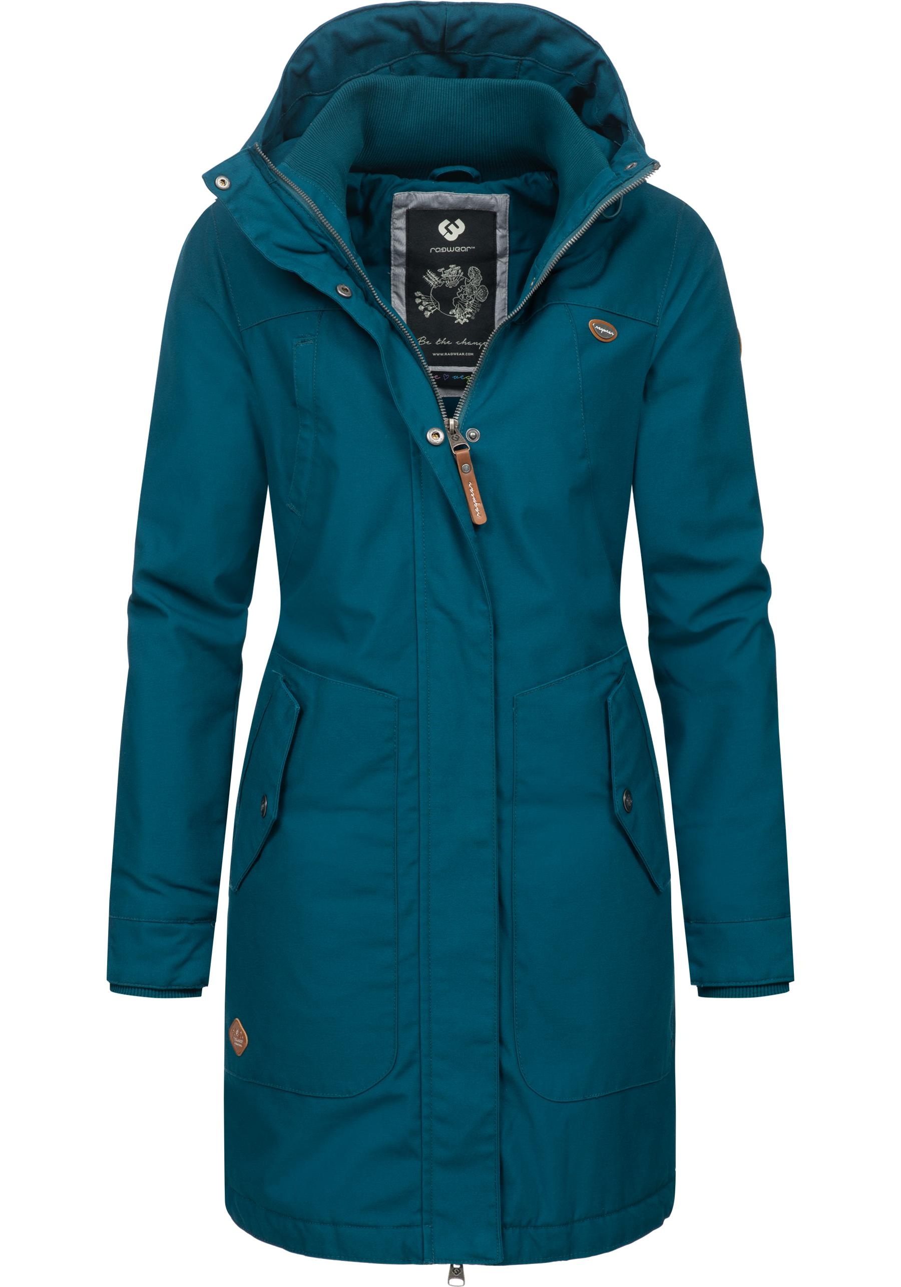 Wintermantel RAGWEAR "Jannisa", Damen, Gr. 6XL (52), grün (dunkelgrün), Außenmaterial: 65% Polyester, 35% Baumwolle; Innenfutter: 100% Polyester; Wattierung: 100% Polyester, figurumspielend ca. Mitte Oberschenkel, hoch geschlossener Ausschnitt, Ärmel ohne 3