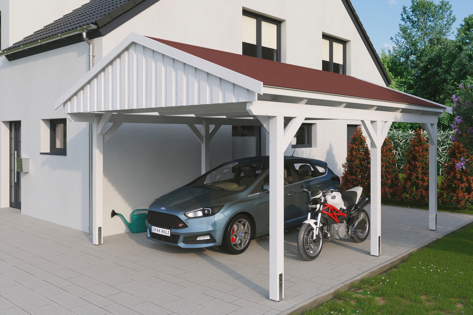 Skanholz Einzelcarport "Fichtelberg" Leimholz weiß mit roten Schindeln