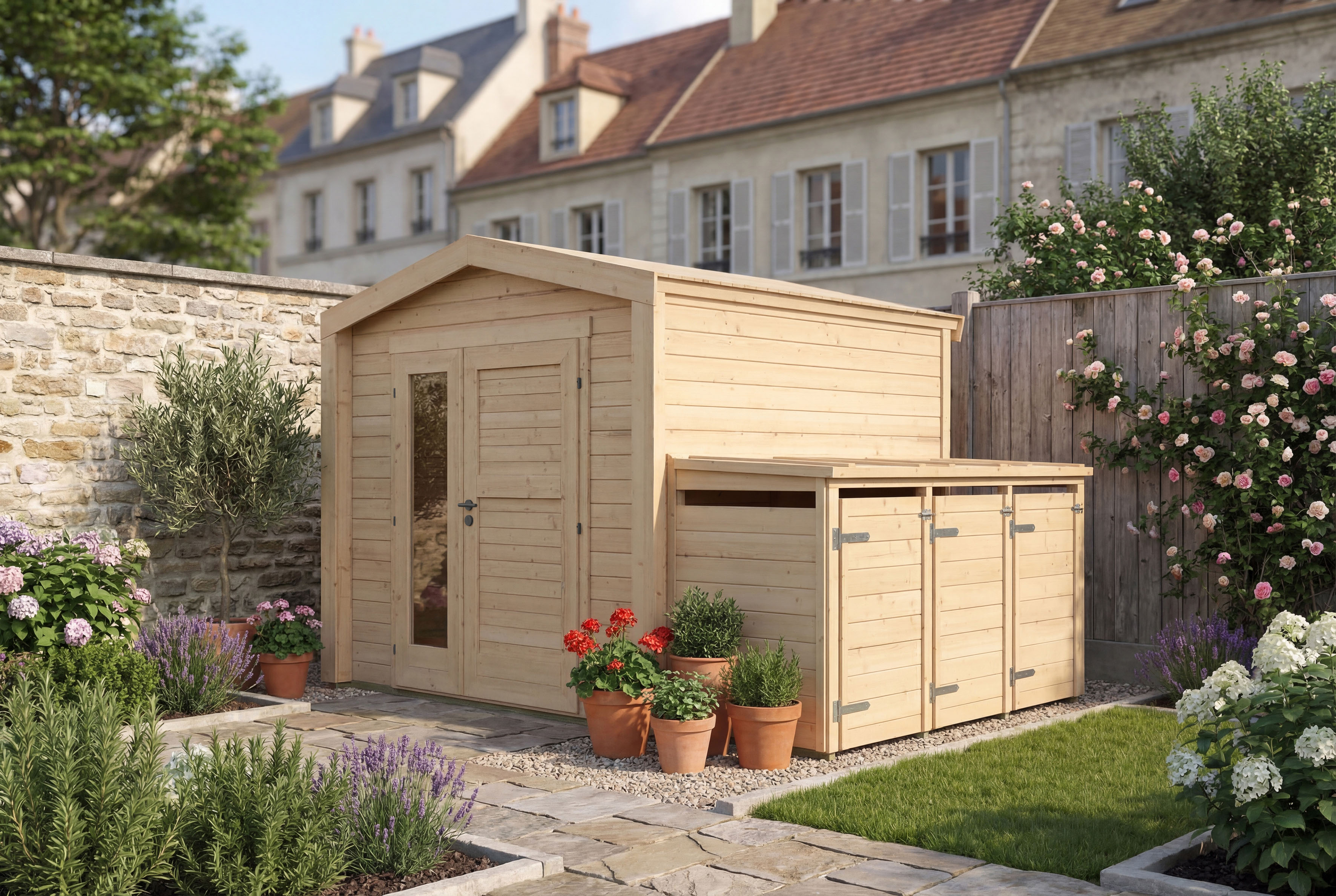 weka Gartenhaus "Killarney" Doppeltür, 1 1/2 Seite mit Fenster, inkl. 3er Mülltonnenbox