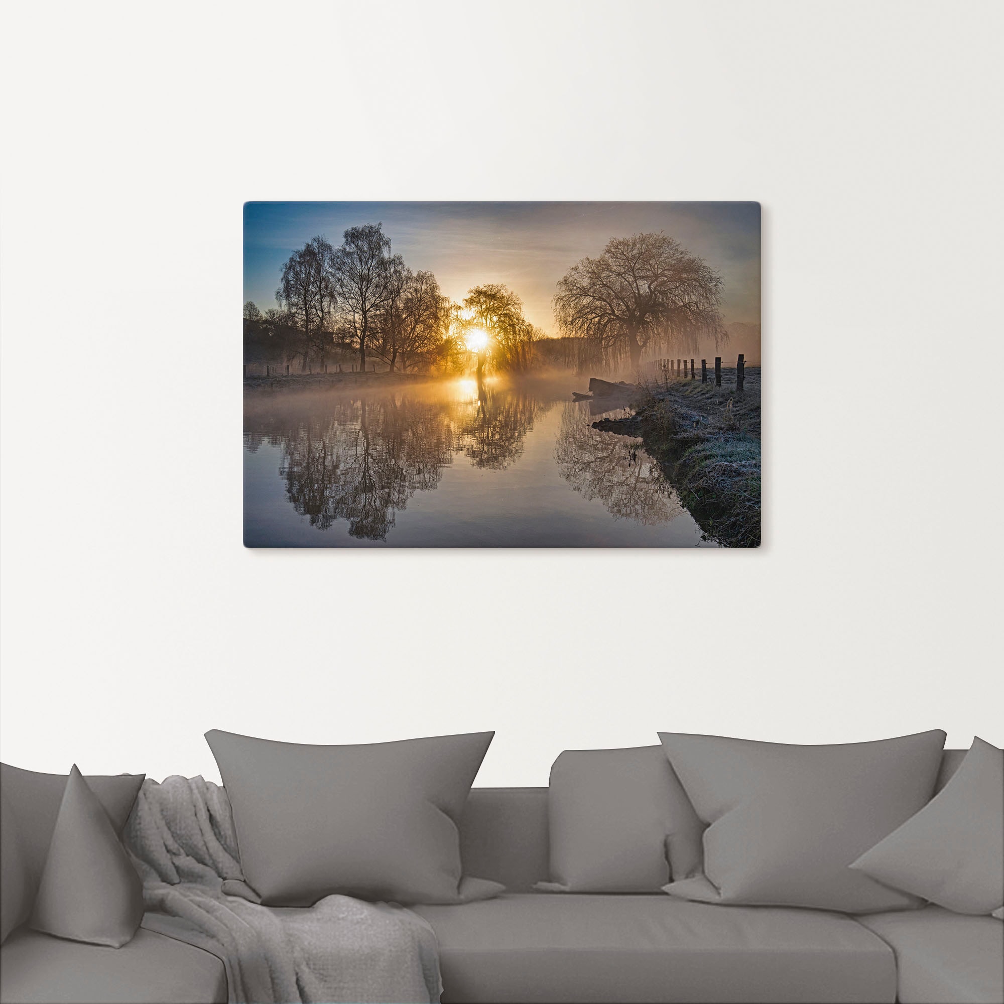 der vielen Sonnenuntergang für Bilder »Mystischer in Wandaufkleber/Wandtattoo Badezimmer & Morgen (1 Artland an & | -aufgang geeignet Größen Alubild/Outdoorbild, Poster, auch vom - kaufen Produktarten Wandbild Stück), Trave«, BAUR Leinwandbild,