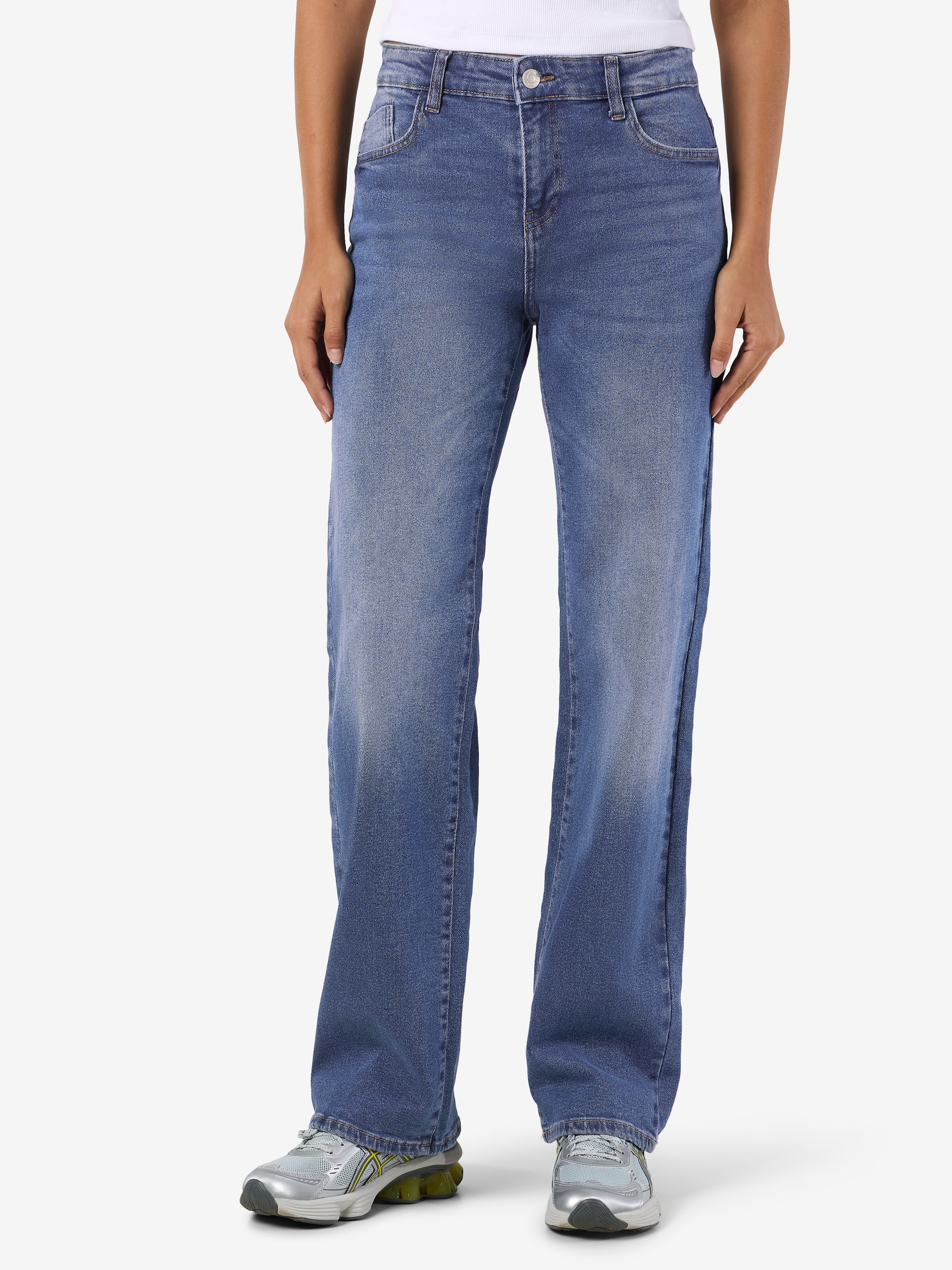 NOISY MAY Damen Weite Jeans "NMYOLANDA NW WIDE JEANS AZ308MB FWD NOOS", blau, Gr. 25, unifarben, Denim/Jeans, Obermaterial: 99% Baumwolle, 1%