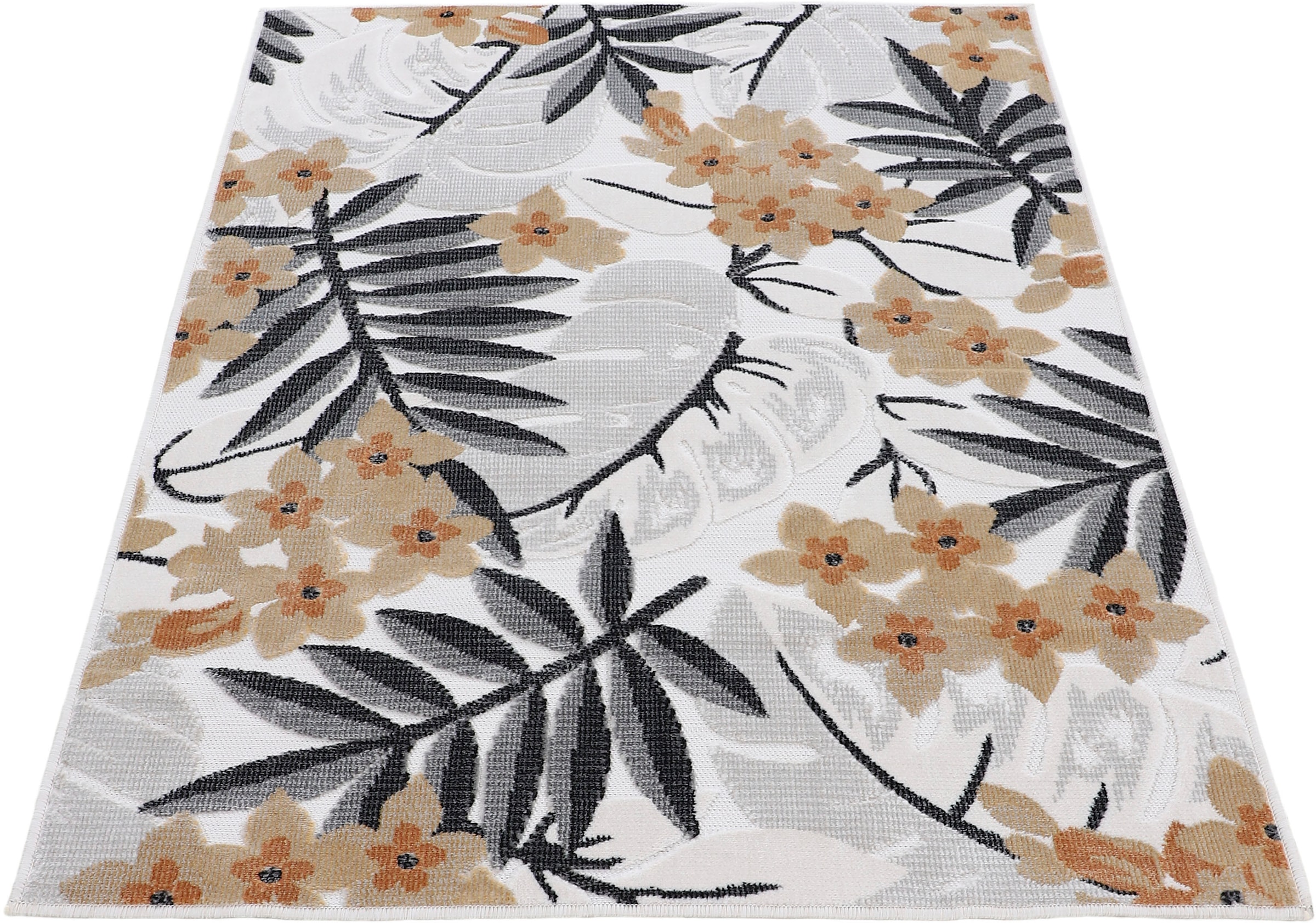 carpetfine Teppich »Deja 102«, rechteckig, 4 mm Höhe, robustes Flachgewebe, Motiv- Floral Palmenblätter, Hoch-Tief Effekt