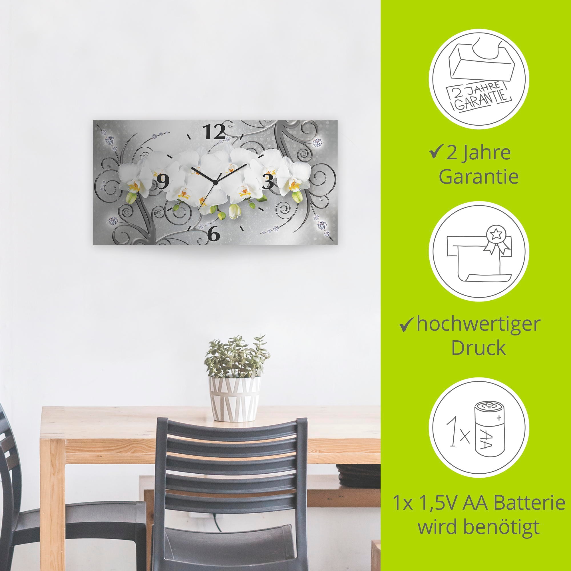 Artland Wanduhr »weiße Orchideen auf Ornamenten«, 3D Optik gebogen, mit Quarz- oder Funkuhrwerk, versch. Größen