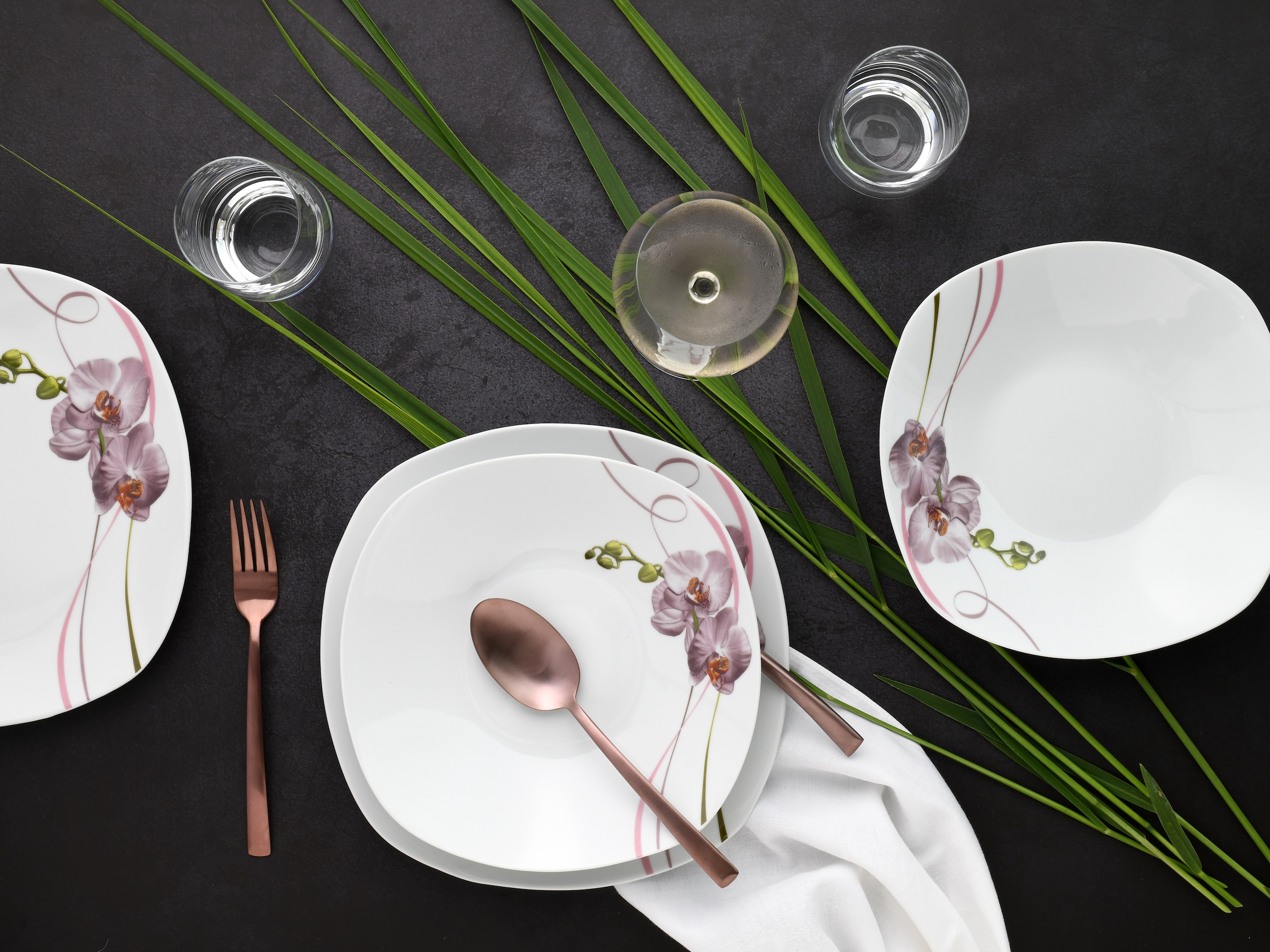 CreaTable Tafelservice »Square Orchidee, Tafel-Service 12-tlg«, (Set, 12 tlg.), Fotorealistische Darstellung