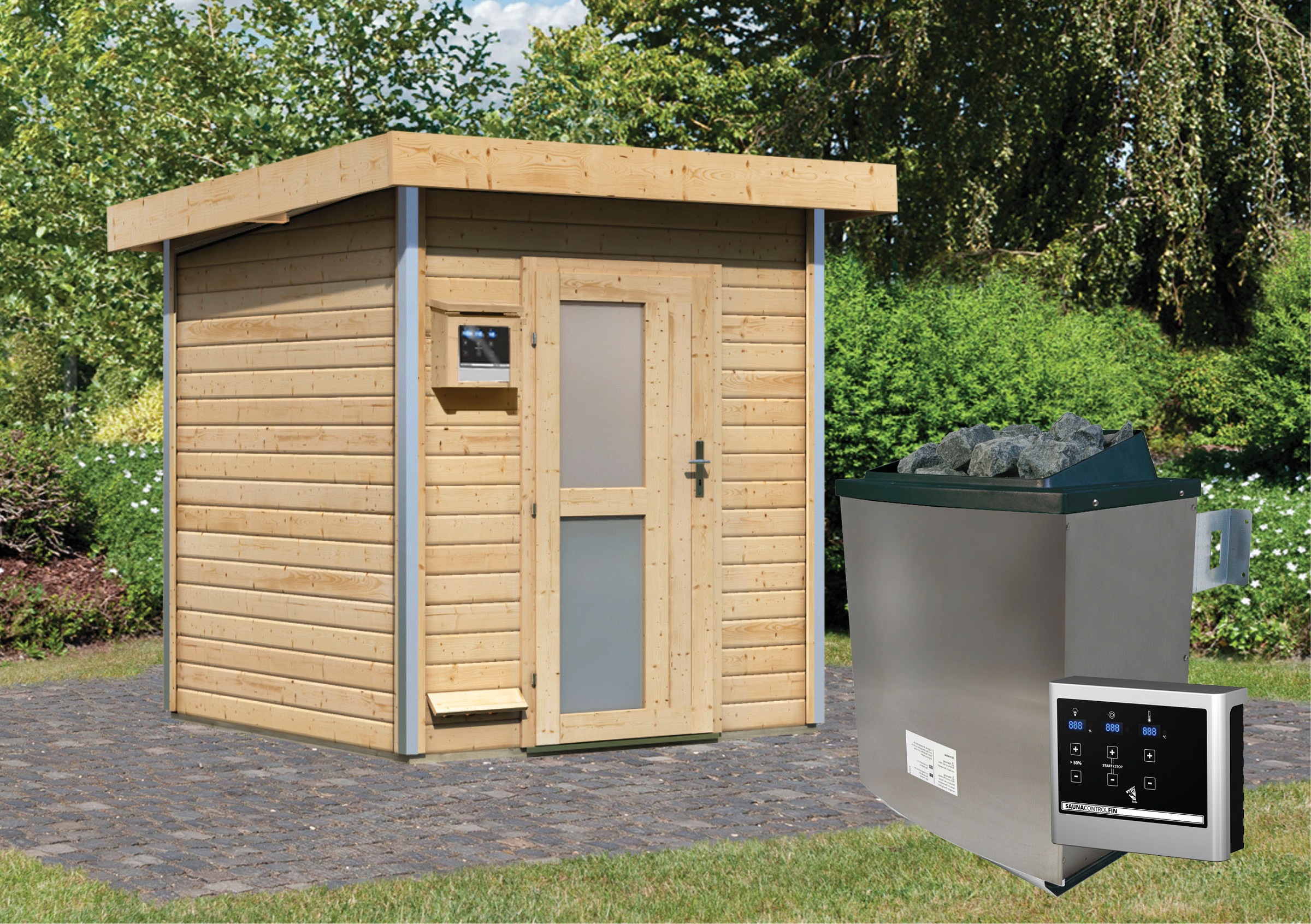 Karibu Saunahaus »Klaas«, Milchglastür, Ofen 9 KW externe Strg easy