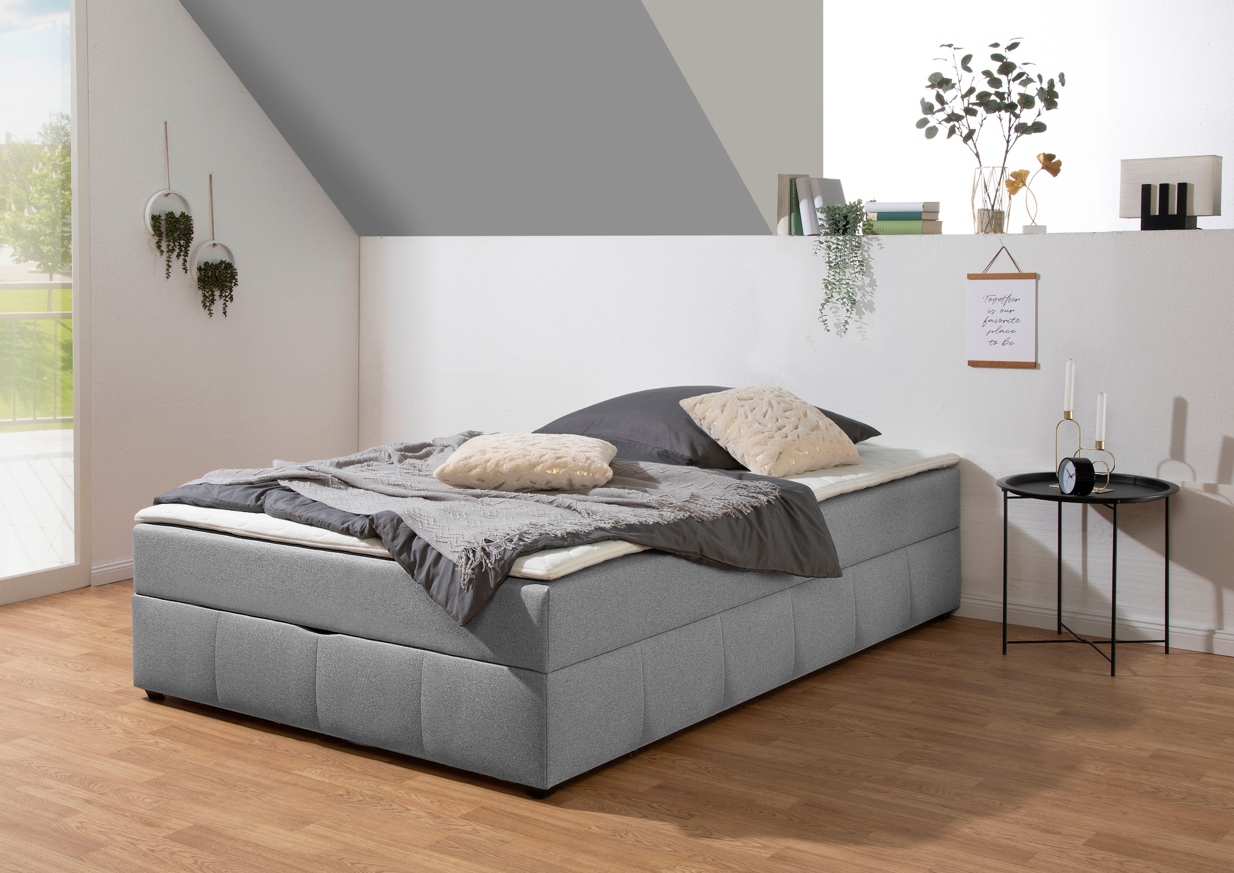 Boxbett HOME AFFAIRE "Niemes inkl. Bettkasten und Topper, auch in Überlänge erhältlich", hellgrau, B:124cm L:204cm, Komplettbetten, Boxbett ohne Kopfteil, inkl. Topper