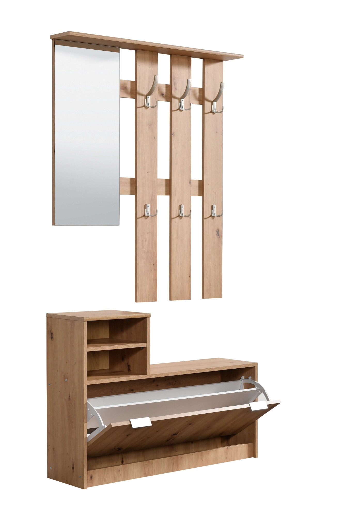 INOSIGN Garderoben-Set »Ravenna Flurgarderobe, Dielenschrank, Kompaktgarderobe, Breite 100 cm«, (Komplett-Set, 2 St.), inkl. Schuhschrank und Garderobenpaneel, mit Klapptür, Spiegel, Haken