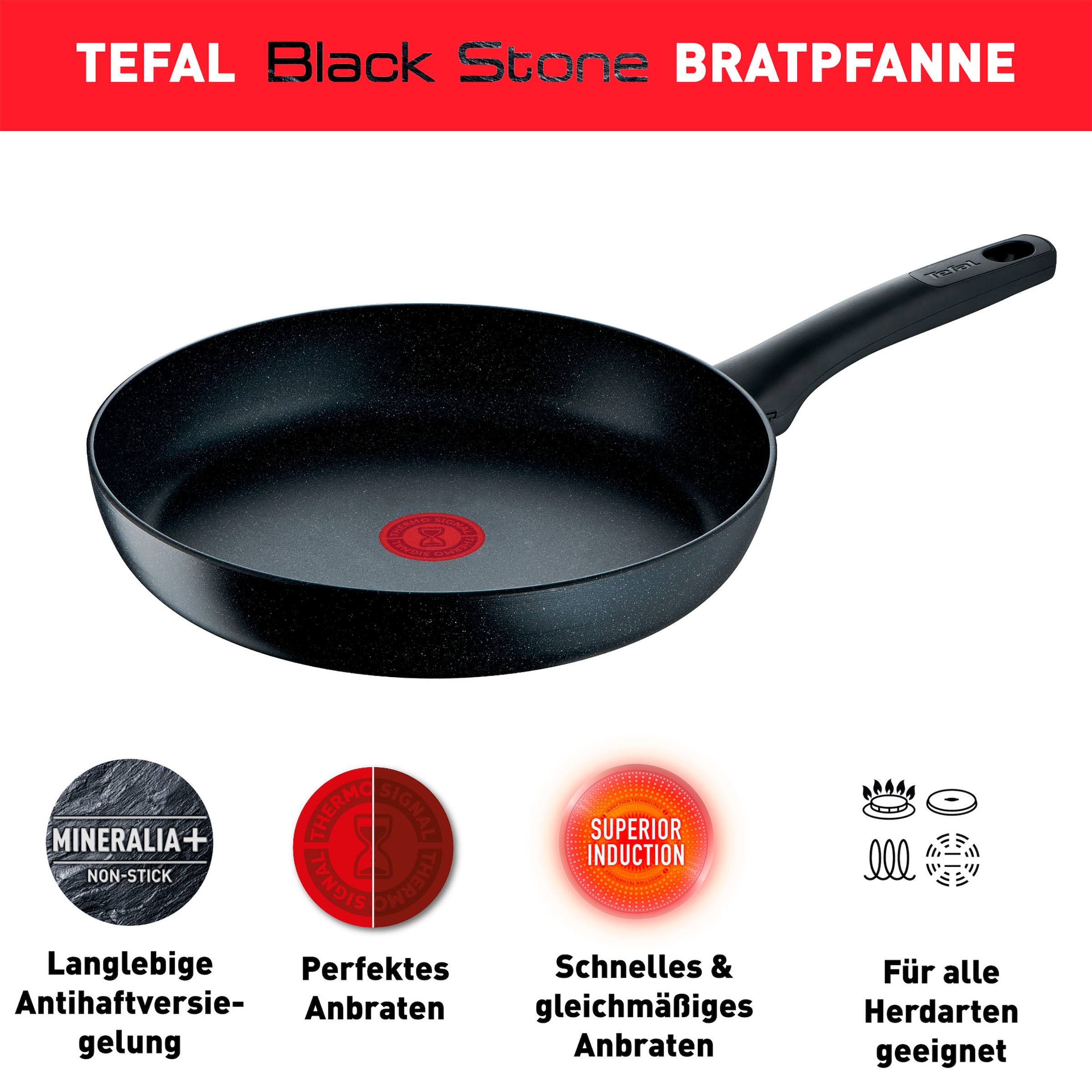 Tefal Bratpfanne »G28102 Black Stone Ø 20 cm«, Aluminium, Mineralia+ Antihaftversiegelung, Thermo-Signal, induktionsgeeignet