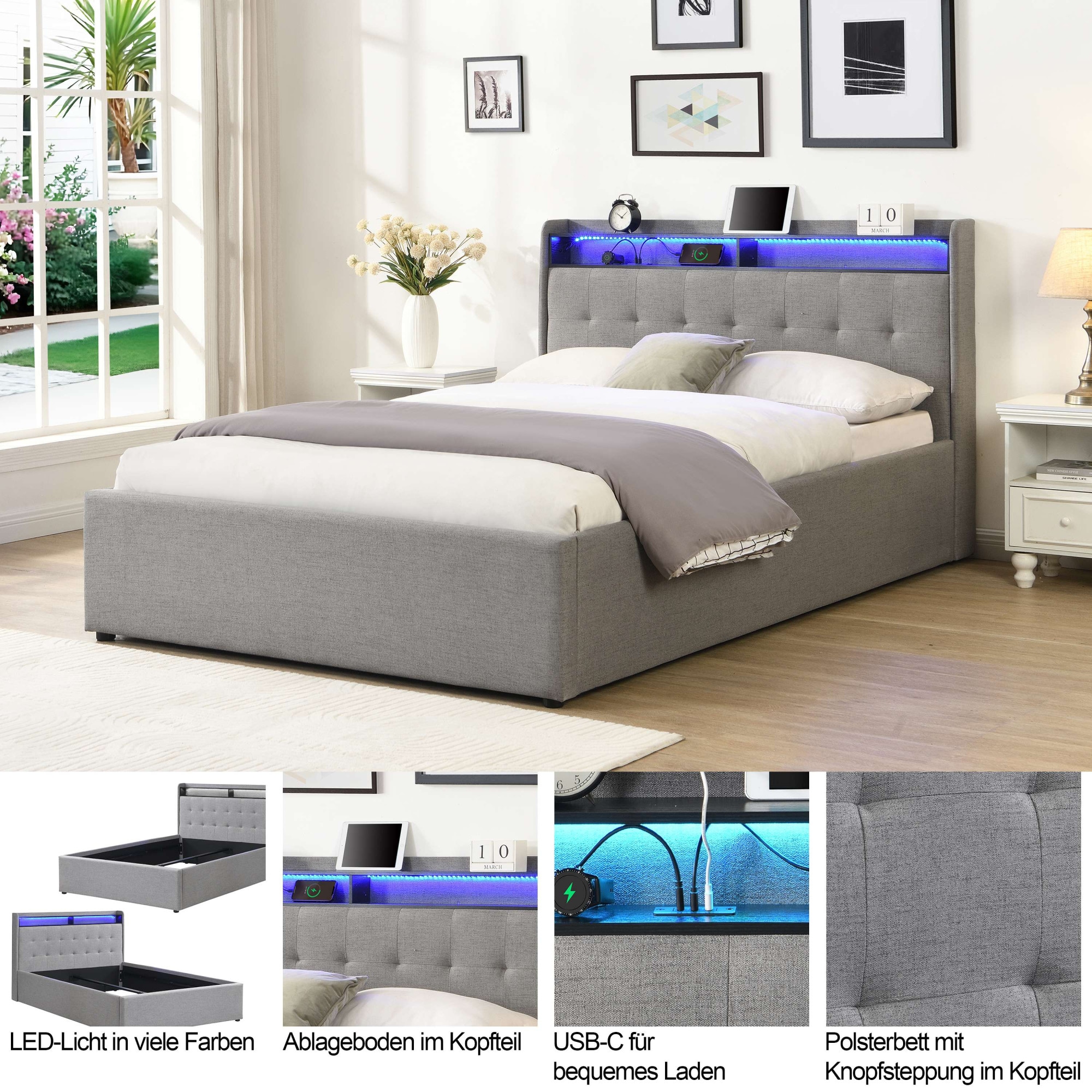 OTTO home Polsterbett »Hamar, beleuchtetes Regal, USB/ USB-C, bis 250 KG belastbar« LED-Licht und USB und USB-C Ladegerät im Kopfteil, Knopfsteppung