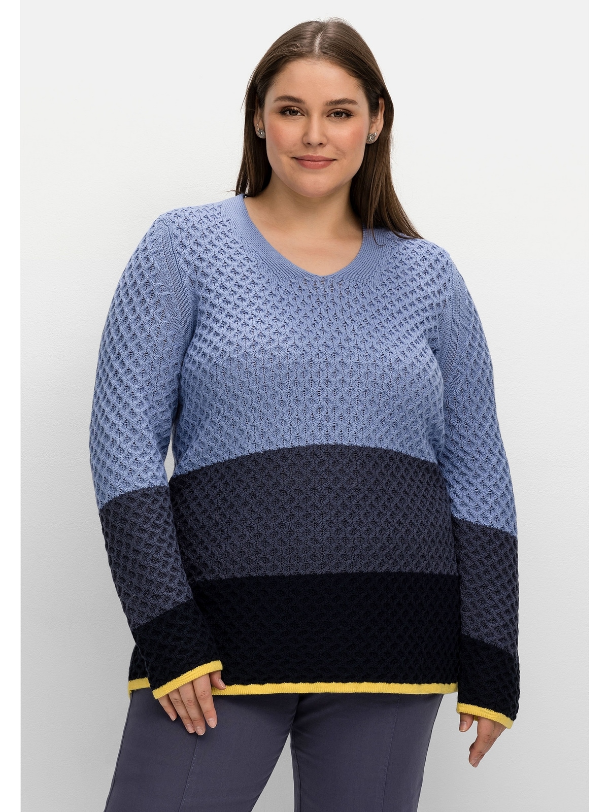 »Große V-Ausschnitt-Pullover Sheego Blockstreifen Wabenstrickmuster, | im BAUR bestellen mit Größen«,