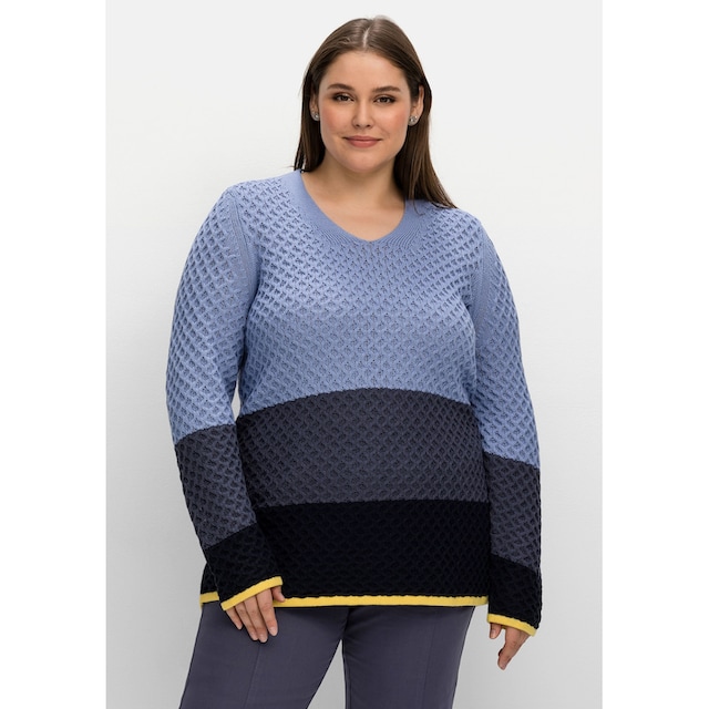Sheego V-Ausschnitt-Pullover »Große Größen«, im Wabenstrickmuster, mit  Blockstreifen bestellen | BAUR