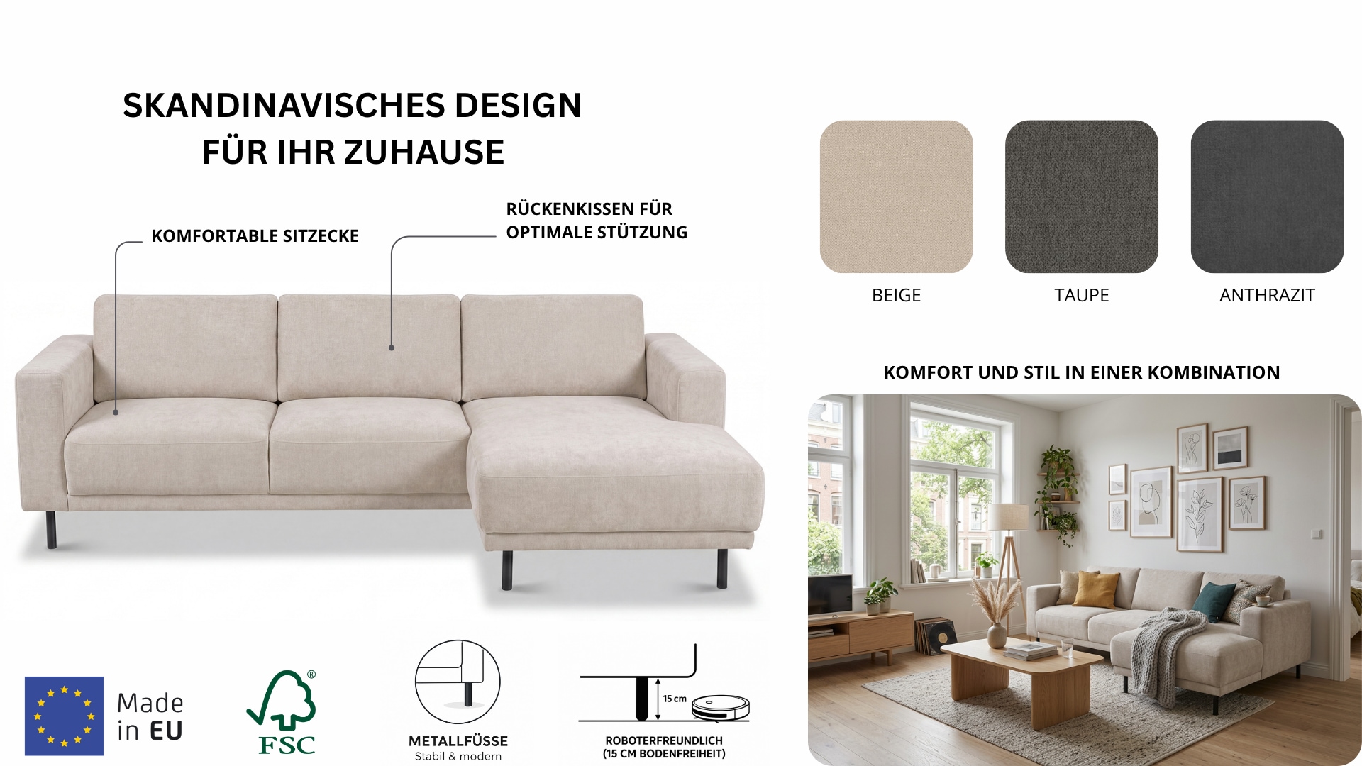 OTTO home Ecksofa »Sveeva, L-Form, B.238 cm, schwarze Metallfüße« langlebiger Webstoff, mit Wellenunterfederung, viele Farben