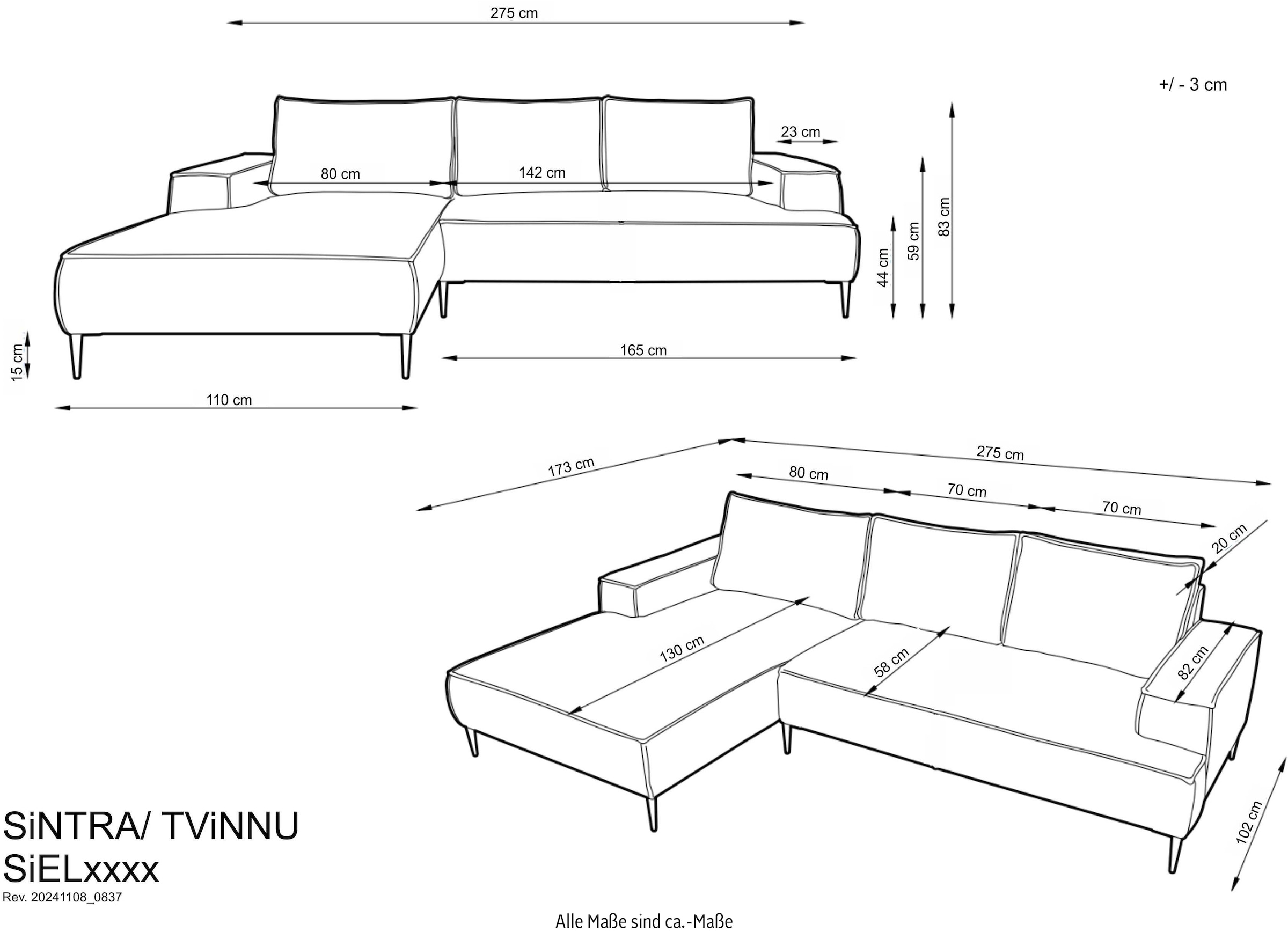 andas Ecksofa »TVINNU, L-Form in Cord, Sofa«, wahlweise Ottomane rechts/links, schwarze Füße, bequemer Sitzkomfort