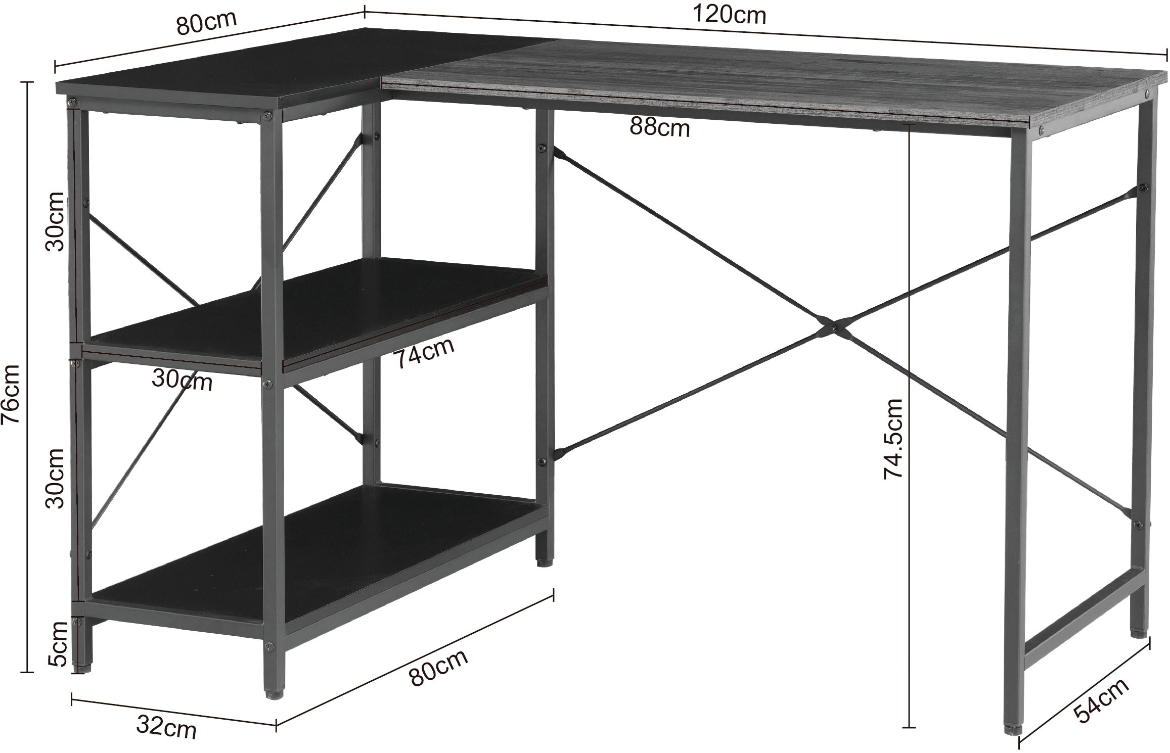 INOSIGN Eckschreibtisch »Skruva, Computertisch, Basteltisch«, Metallgestell, Eckregal, ABS-Kanten, Gesamtbreite 120 cm