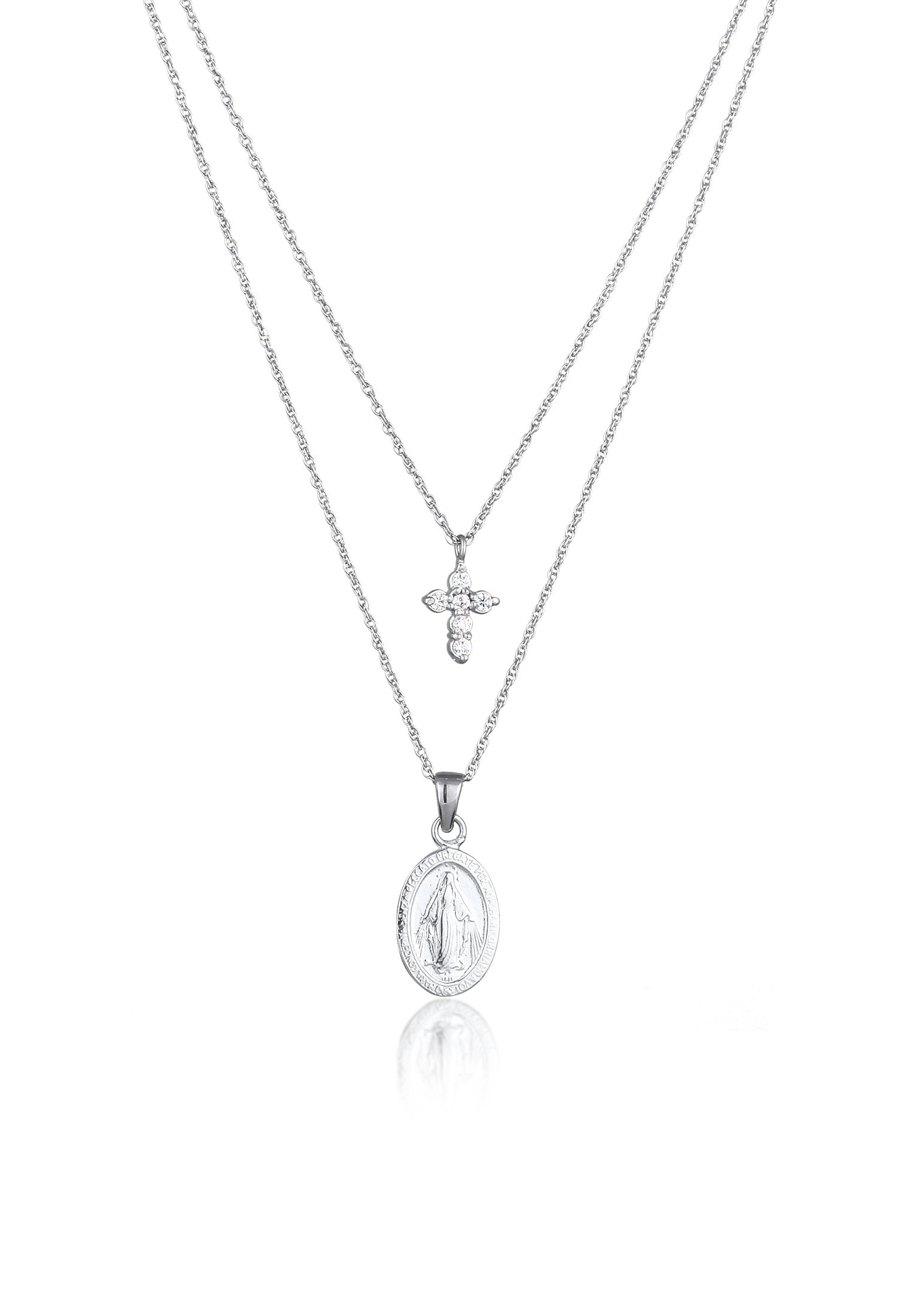 Elli Silberkette »Halskette Layer Marienbild Kreuz Zirkonia Weiß 925 Sterling Silber«