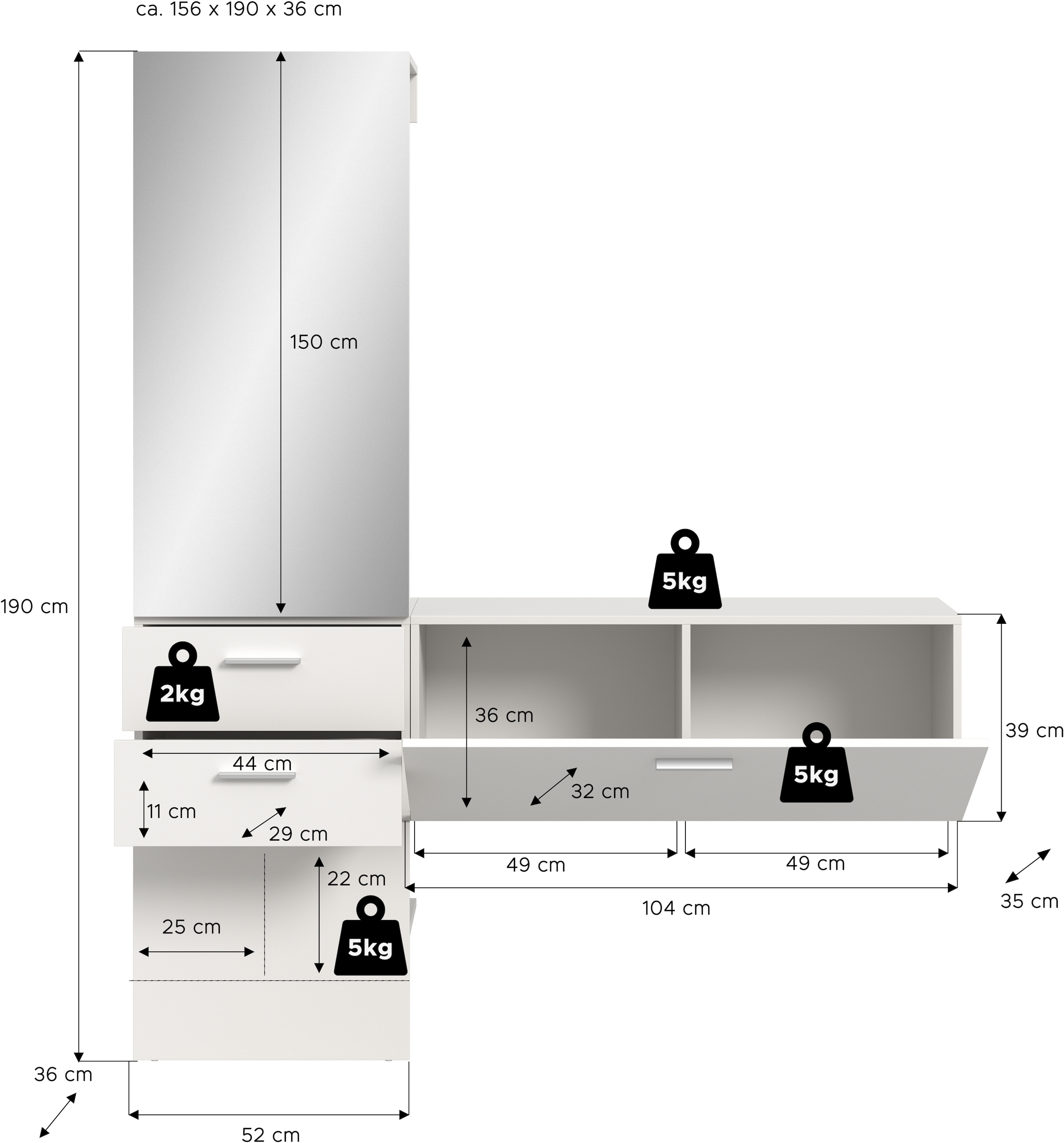 INOSIGN Garderoben-Set, (Set, 2 St.), Lumo, Garderobenset Breite: 156 cm, Spiegel, 2 Schubladen, Flur, Diele