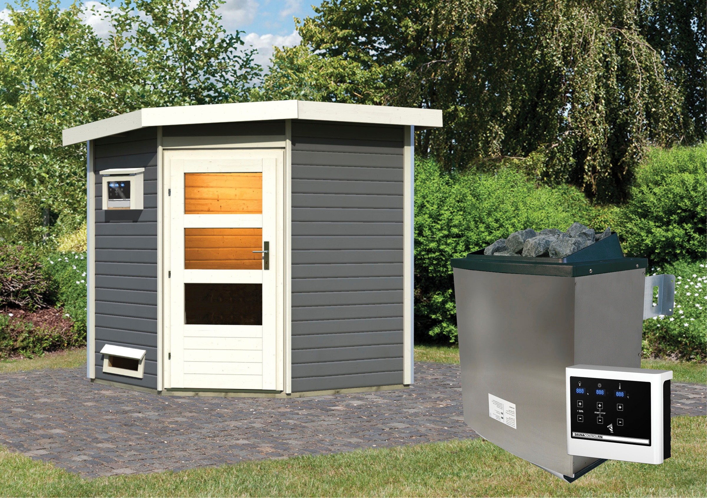 Karibu Saunahaus »Fiete«, moderne Tür, Ofen 9 kW ext. Strg.